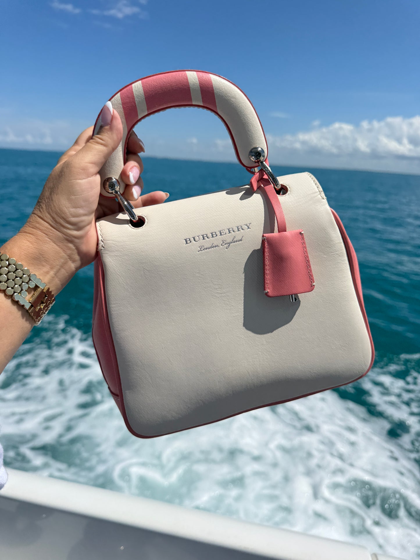 Burberry Trench Calfskin DK88 Top Handle Bag White and Pink