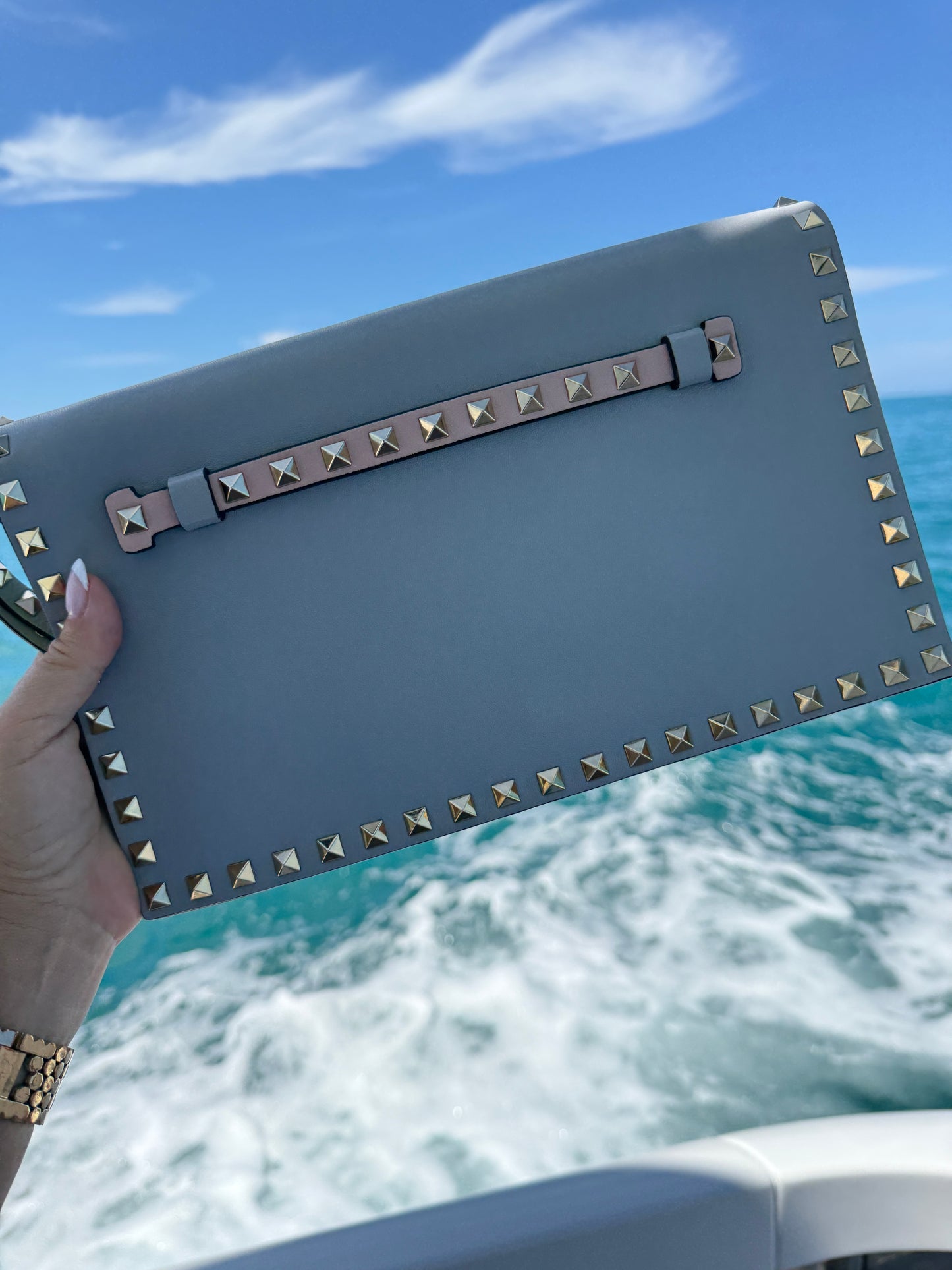Valentino Garvanni Nappa Watercolor Rockstud Wristlet Clutch Rose Green Yellow Sky