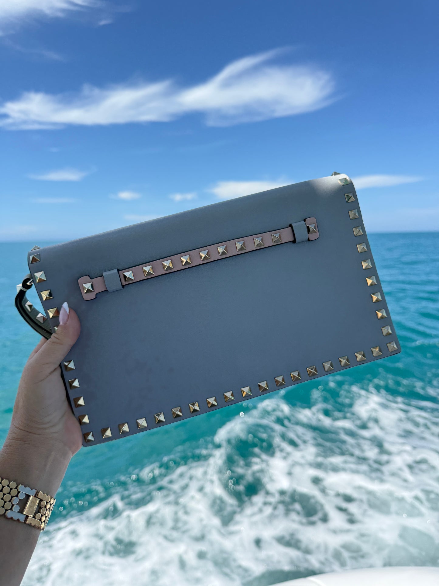 Valentino Garvanni Nappa Watercolor Rockstud Wristlet Clutch Rose Green Yellow Sky