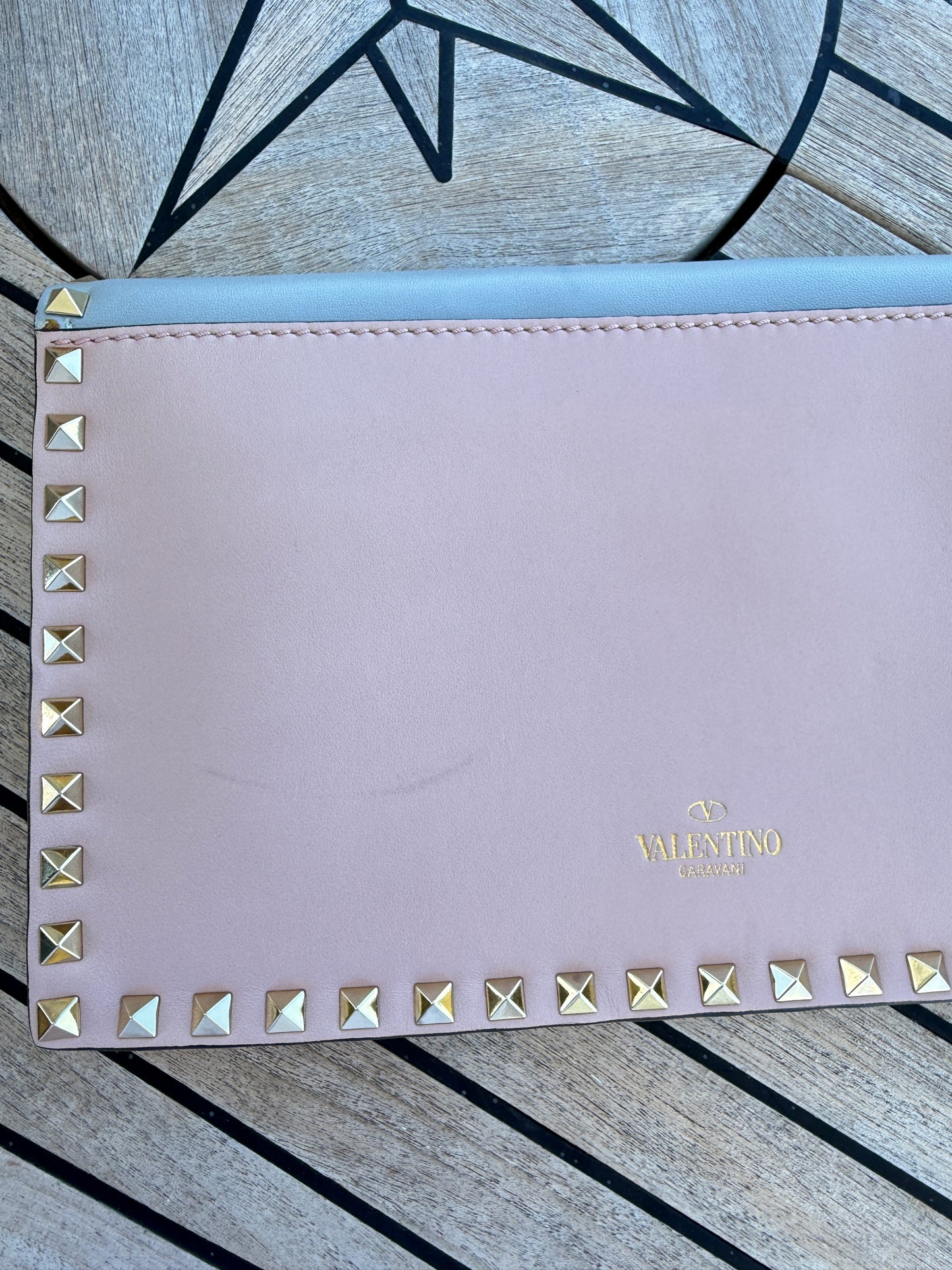 Valentino Garvanni Nappa Watercolor Rockstud Wristlet Clutch Rose Green Yellow Sky