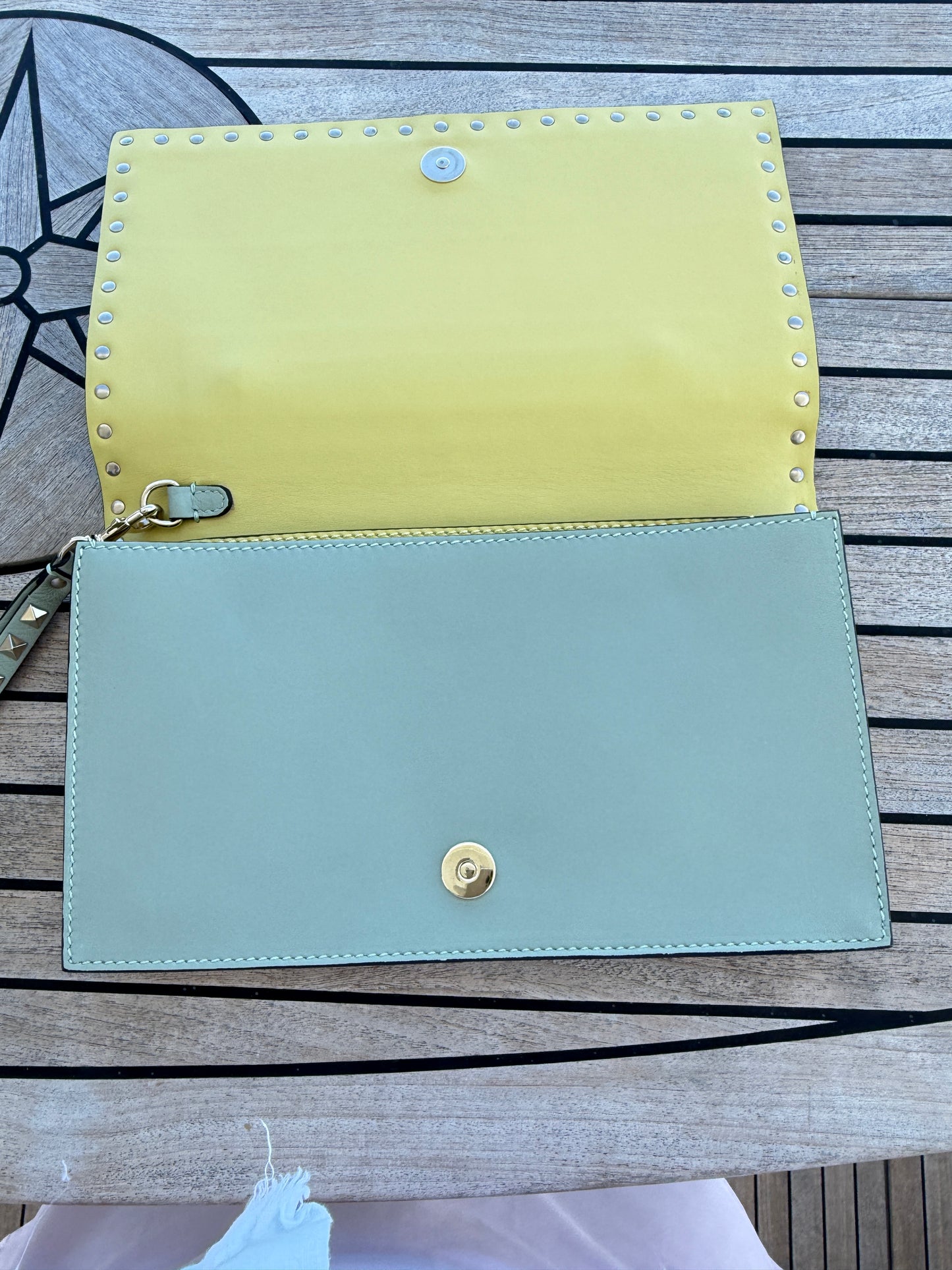 Valentino Garvanni Nappa Watercolor Rockstud Wristlet Clutch Rose Green Yellow Sky