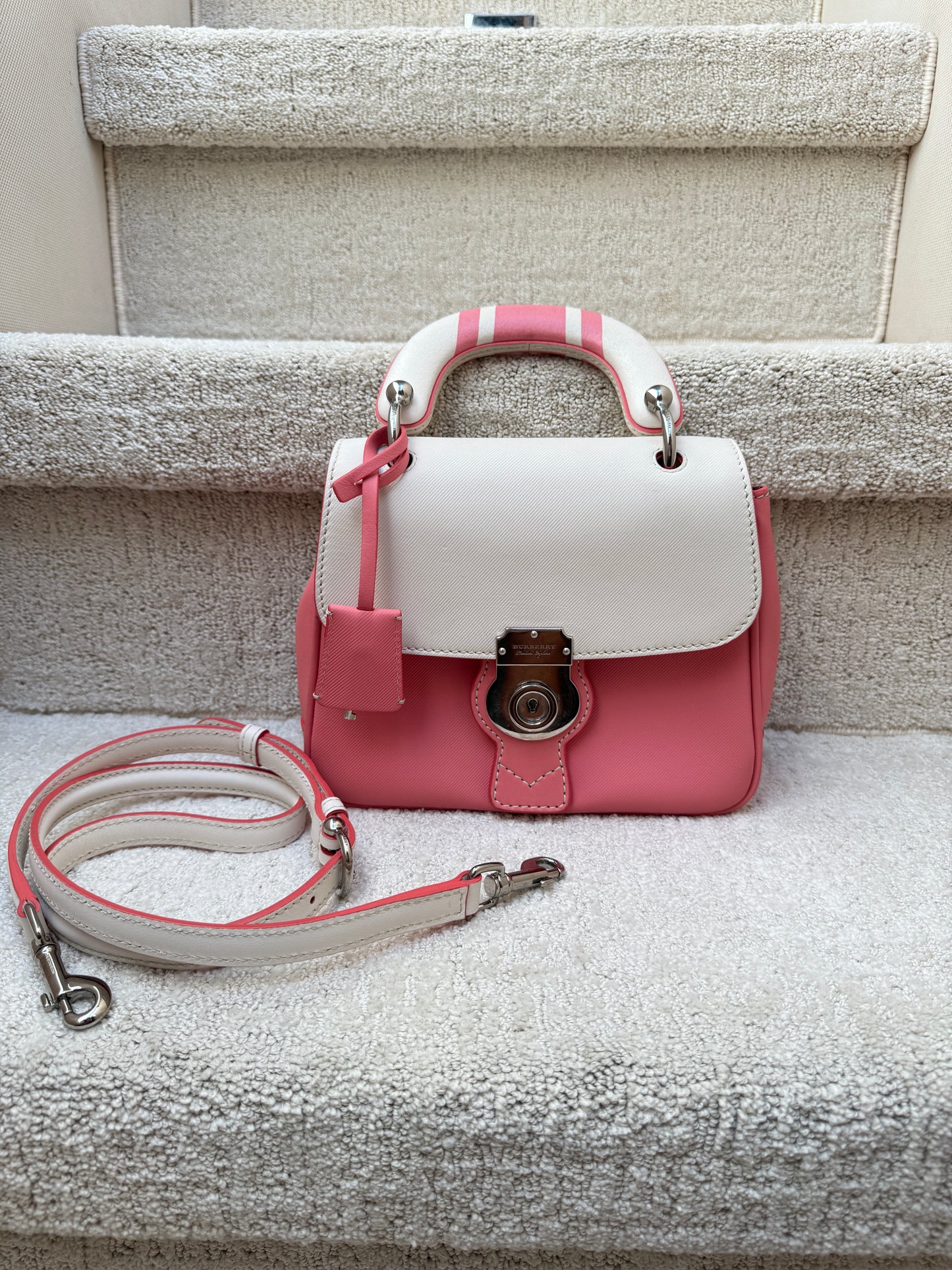 Burberry Trench Calfskin DK88 Top Handle Bag White and Pink