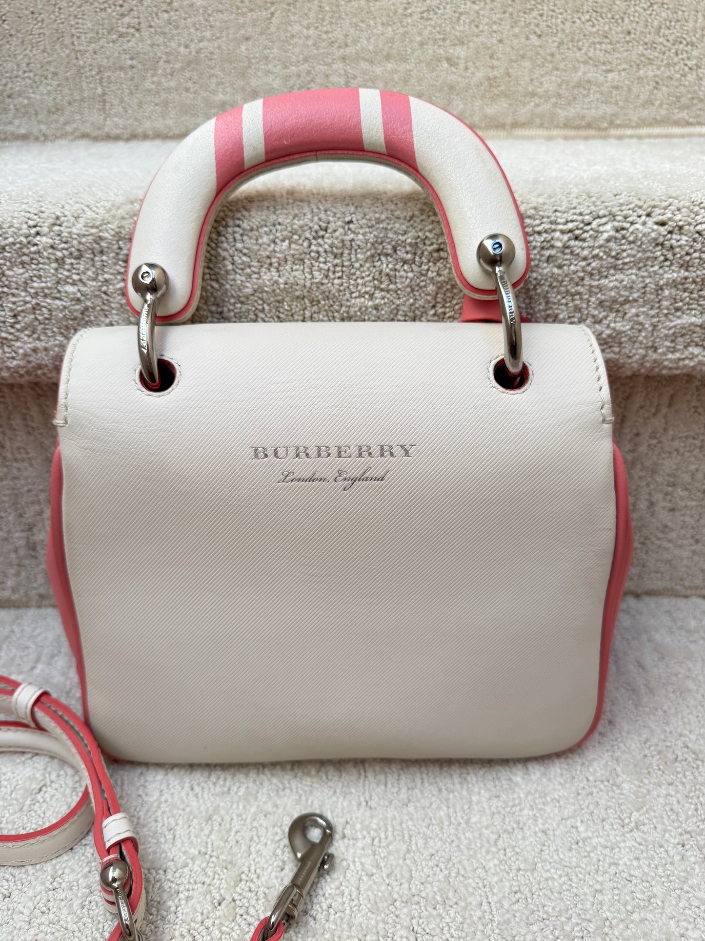 Burberry Trench Calfskin DK88 Top Handle Bag White and Pink