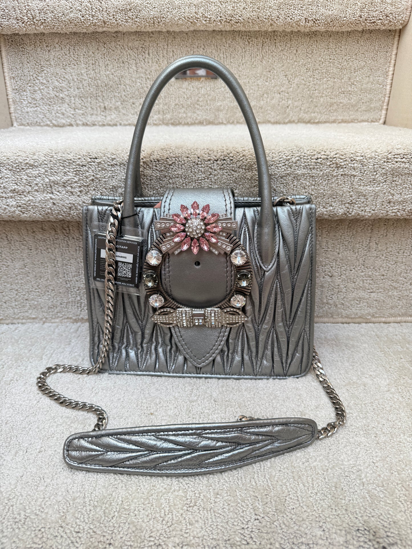 Miu Miu Madras Handbag with Silver Quilted Nappa Leather & Crystal Embellished Buckle