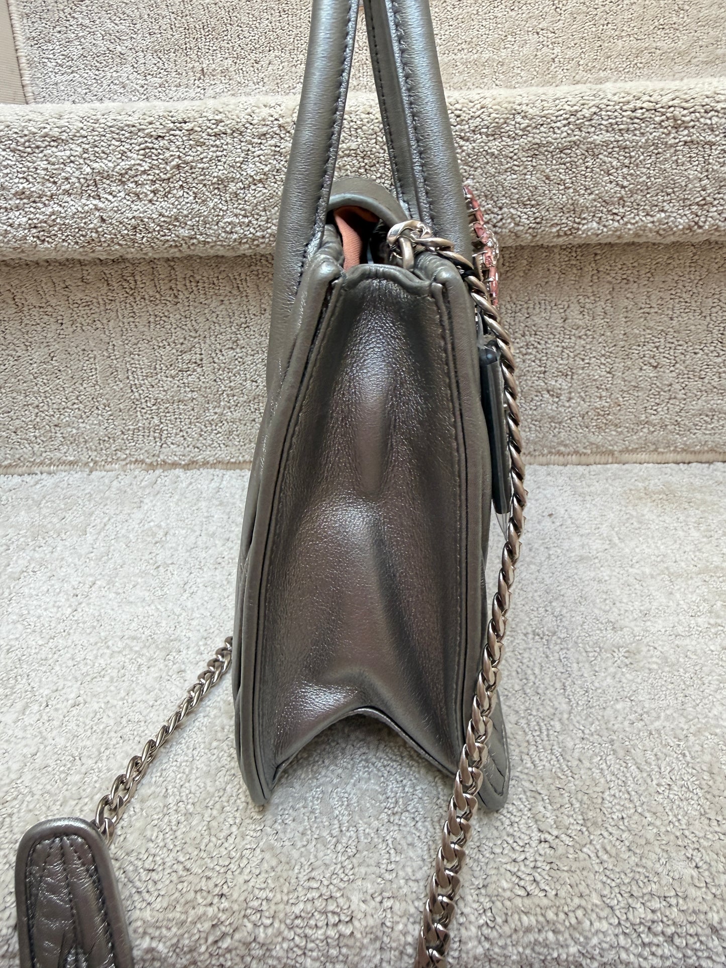 Miu Miu Madras Handbag with Silver Quilted Nappa Leather & Crystal Embellished Buckle