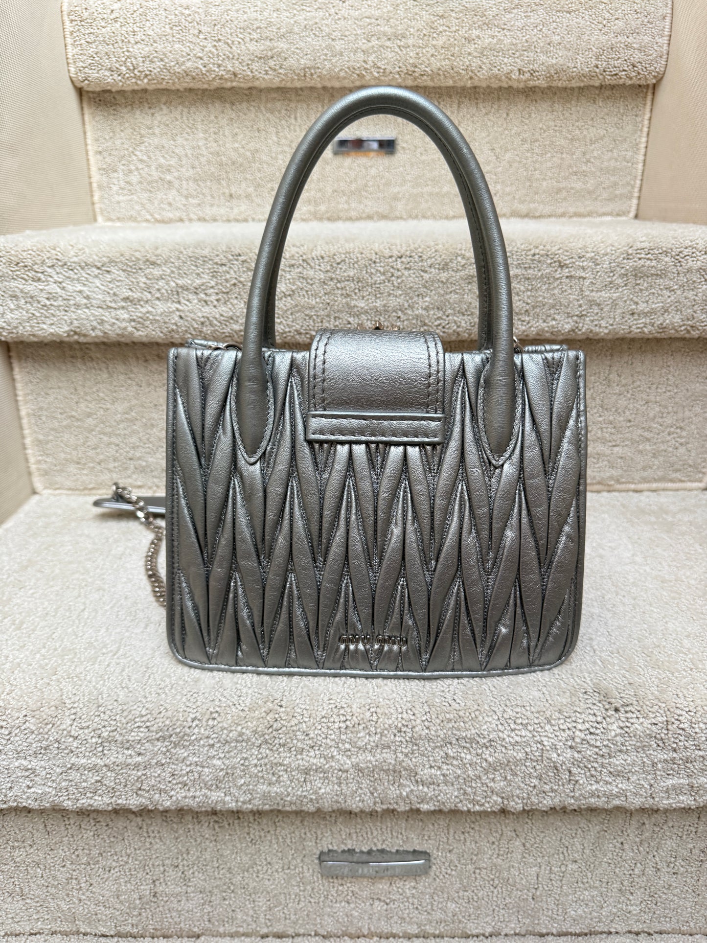 Miu Miu Madras Handbag with Silver Quilted Nappa Leather & Crystal Embellished Buckle