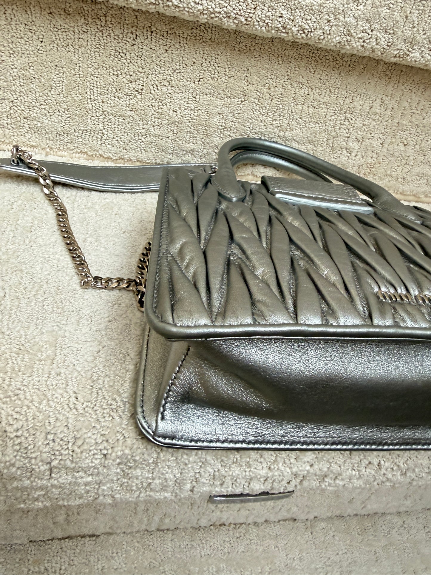 Miu Miu Madras Handbag with Silver Quilted Nappa Leather & Crystal Embellished Buckle