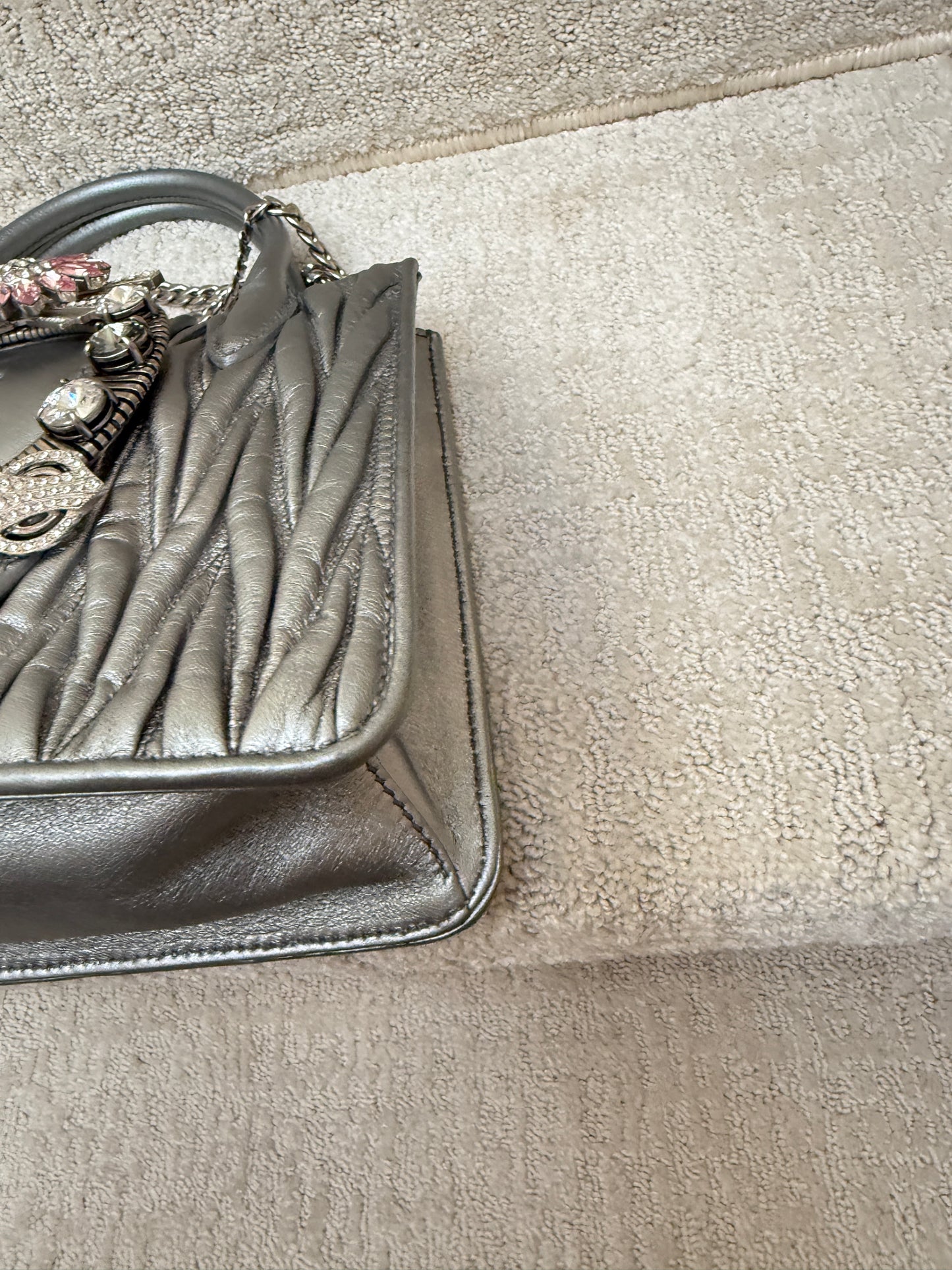 Miu Miu Madras Handbag with Silver Quilted Nappa Leather & Crystal Embellished Buckle