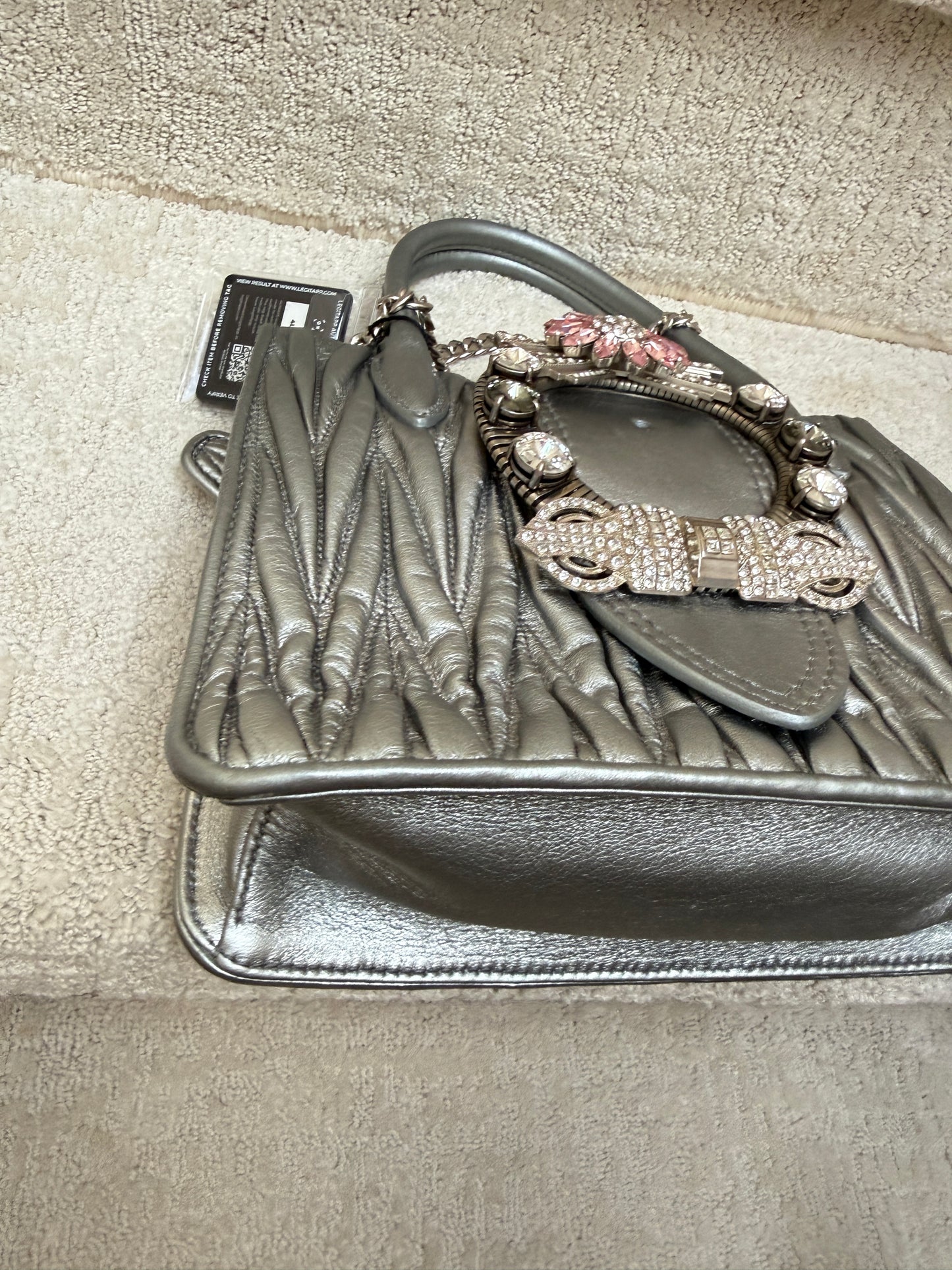 Miu Miu Madras Handbag with Silver Quilted Nappa Leather & Crystal Embellished Buckle