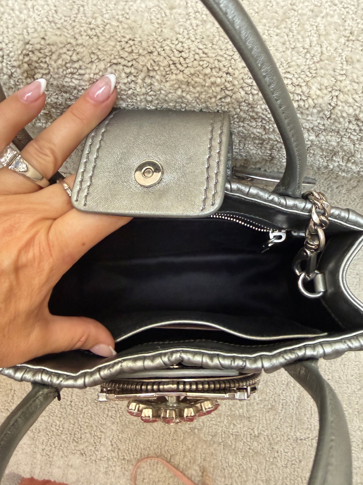 Miu Miu Madras Handbag with Silver Quilted Nappa Leather & Crystal Embellished Buckle