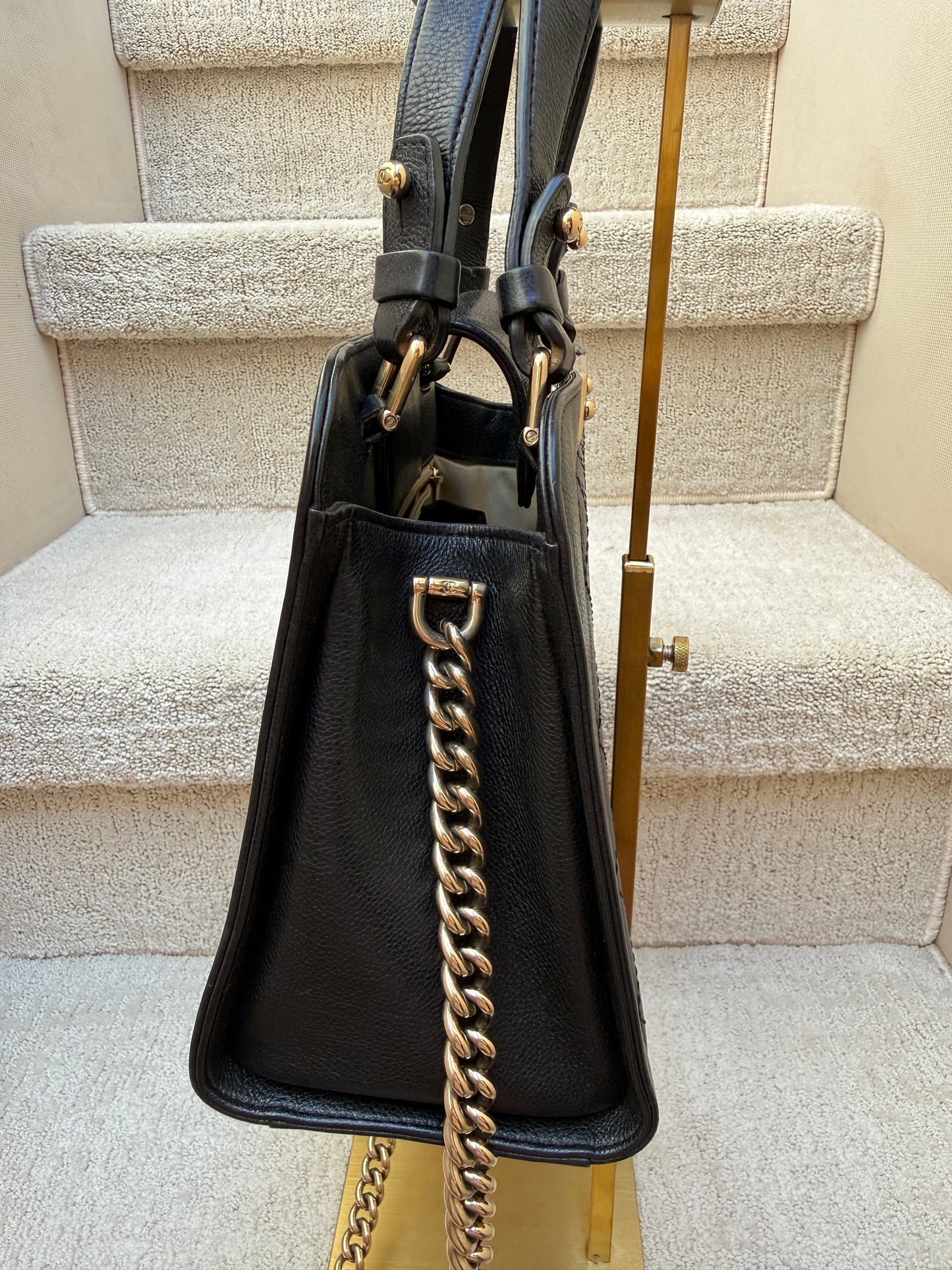Chanel Grained Calfskin Stitched Label Click Shopper Tote Small and Black