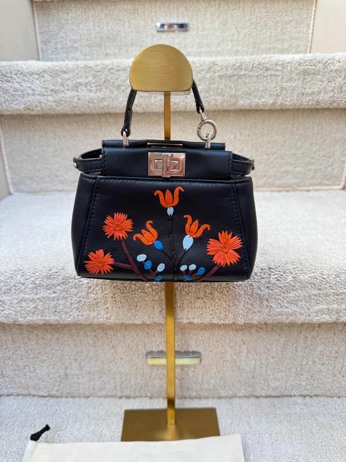 Fendi Nappa Micro Peekaboo Iconic Satchel Black with Flower Design Pre-Owned