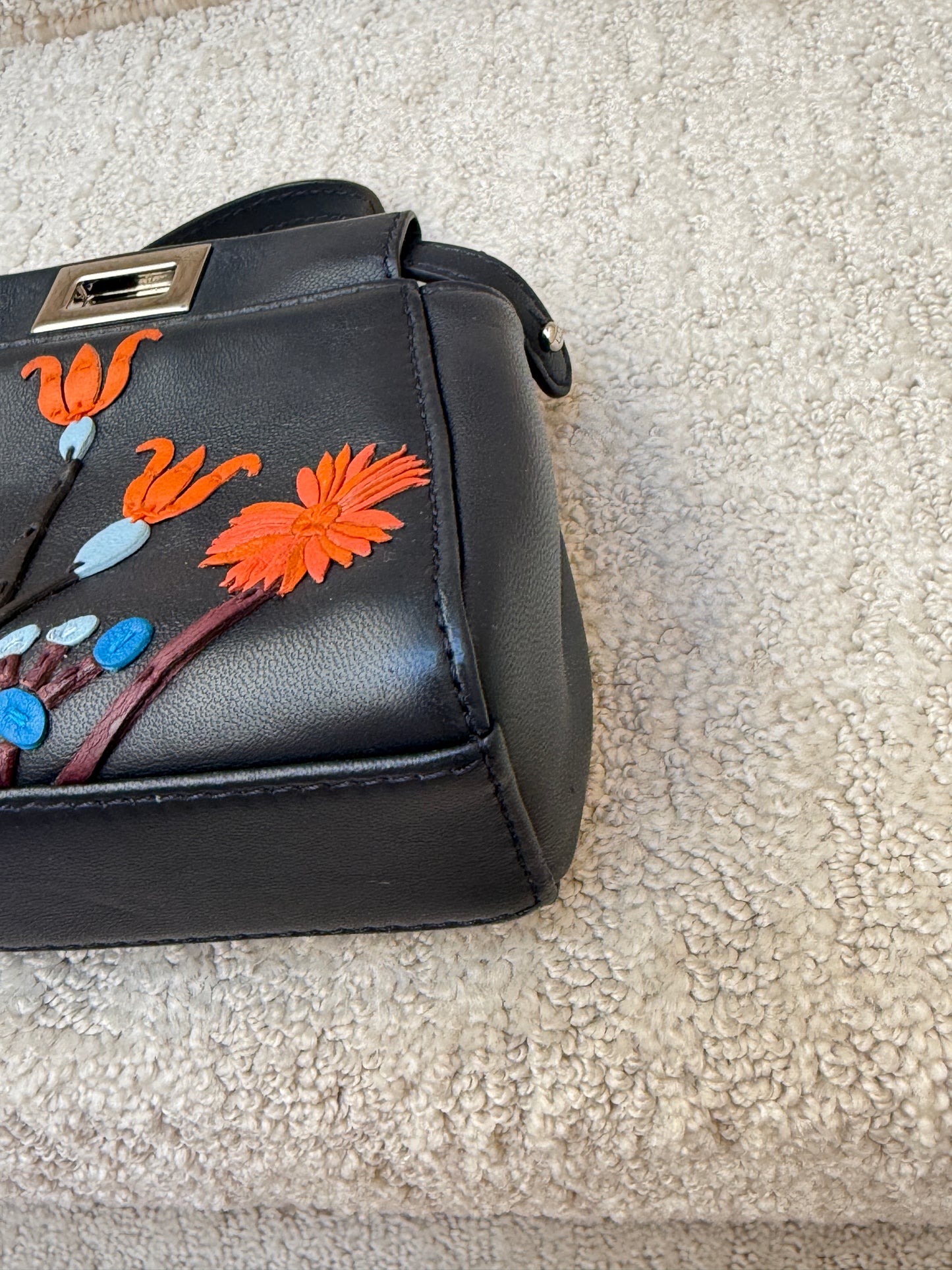 Fendi Nappa Micro Peekaboo Iconic Satchel Black with Flower Design Pre-Owned