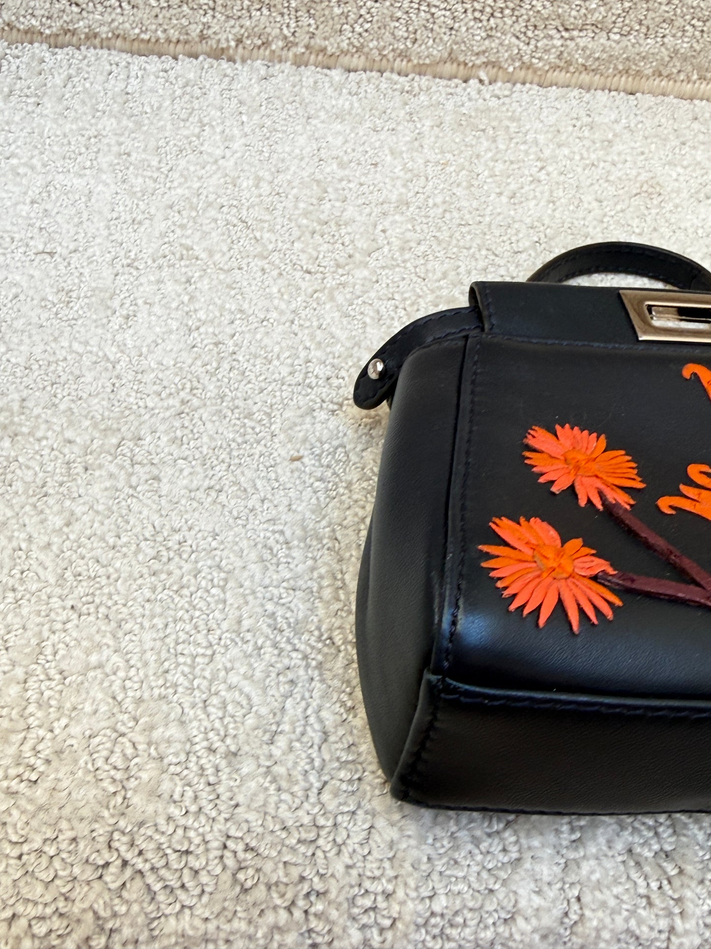 Fendi Nappa Micro Peekaboo Iconic Satchel Black with Flower Design Pre-Owned