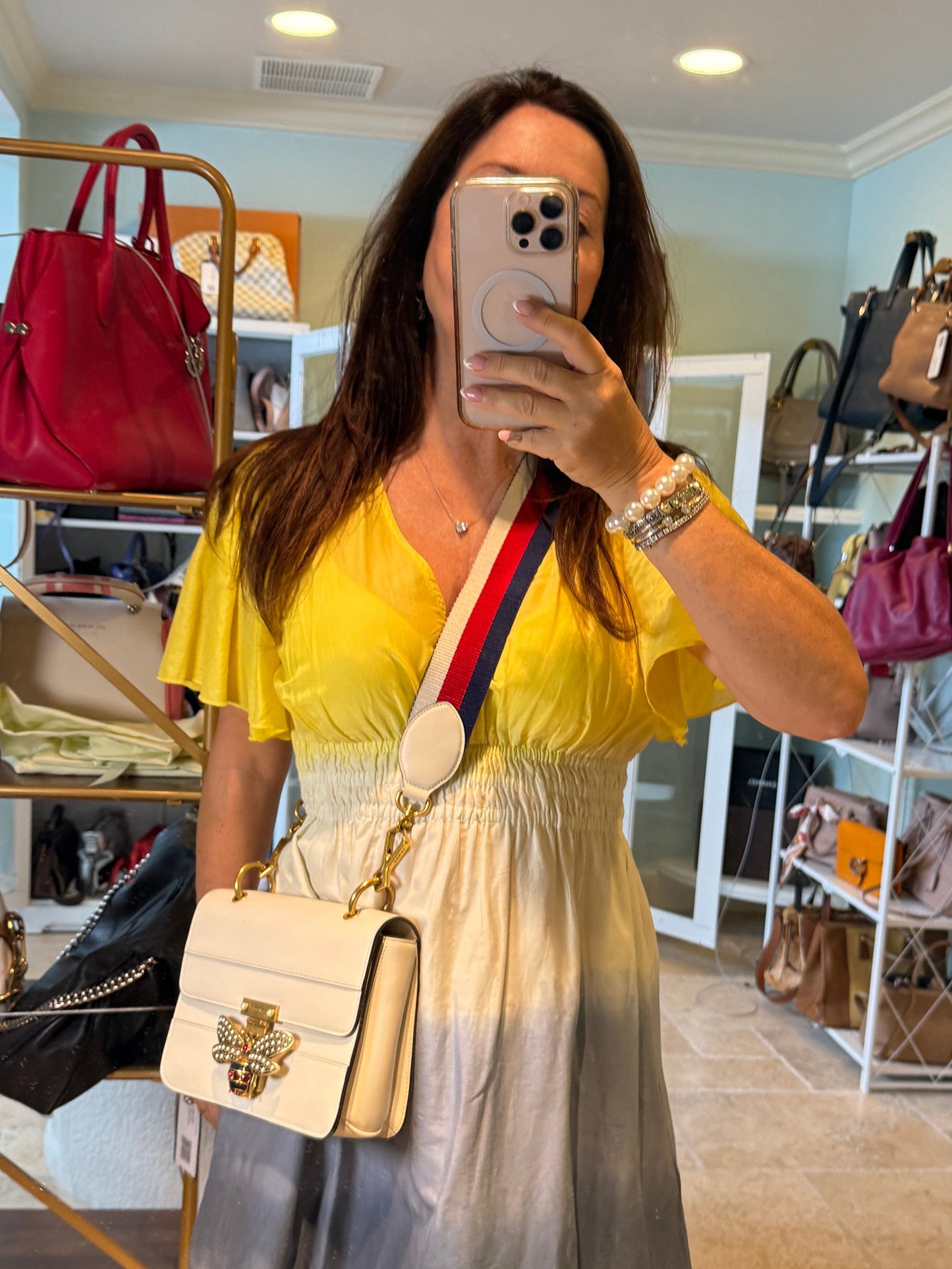Gucci queen margaret handbag in white shown on woman wore as a crossbody authentic