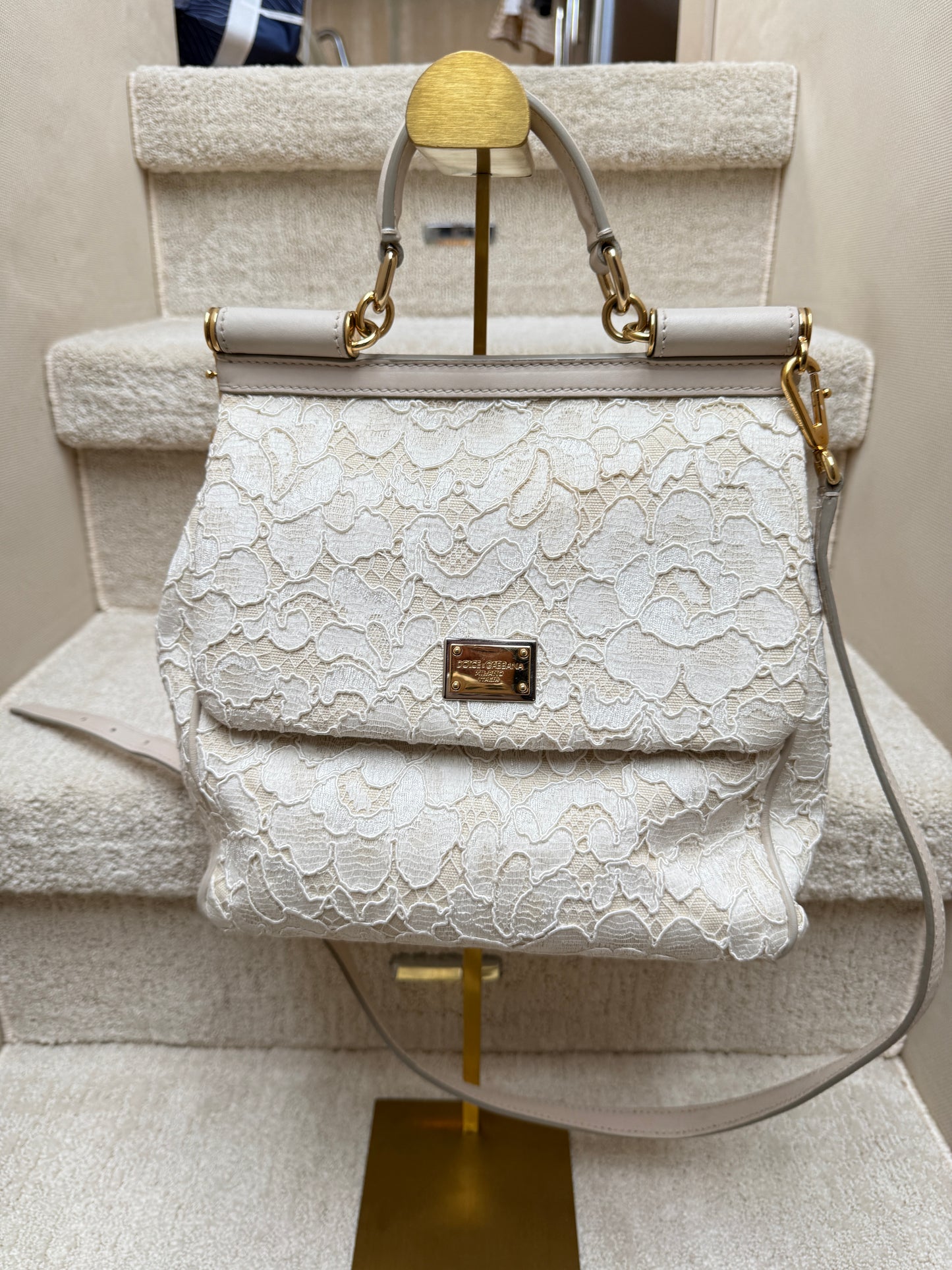 Dolce and Gabbana Sicily Handbag in cream lace fabric