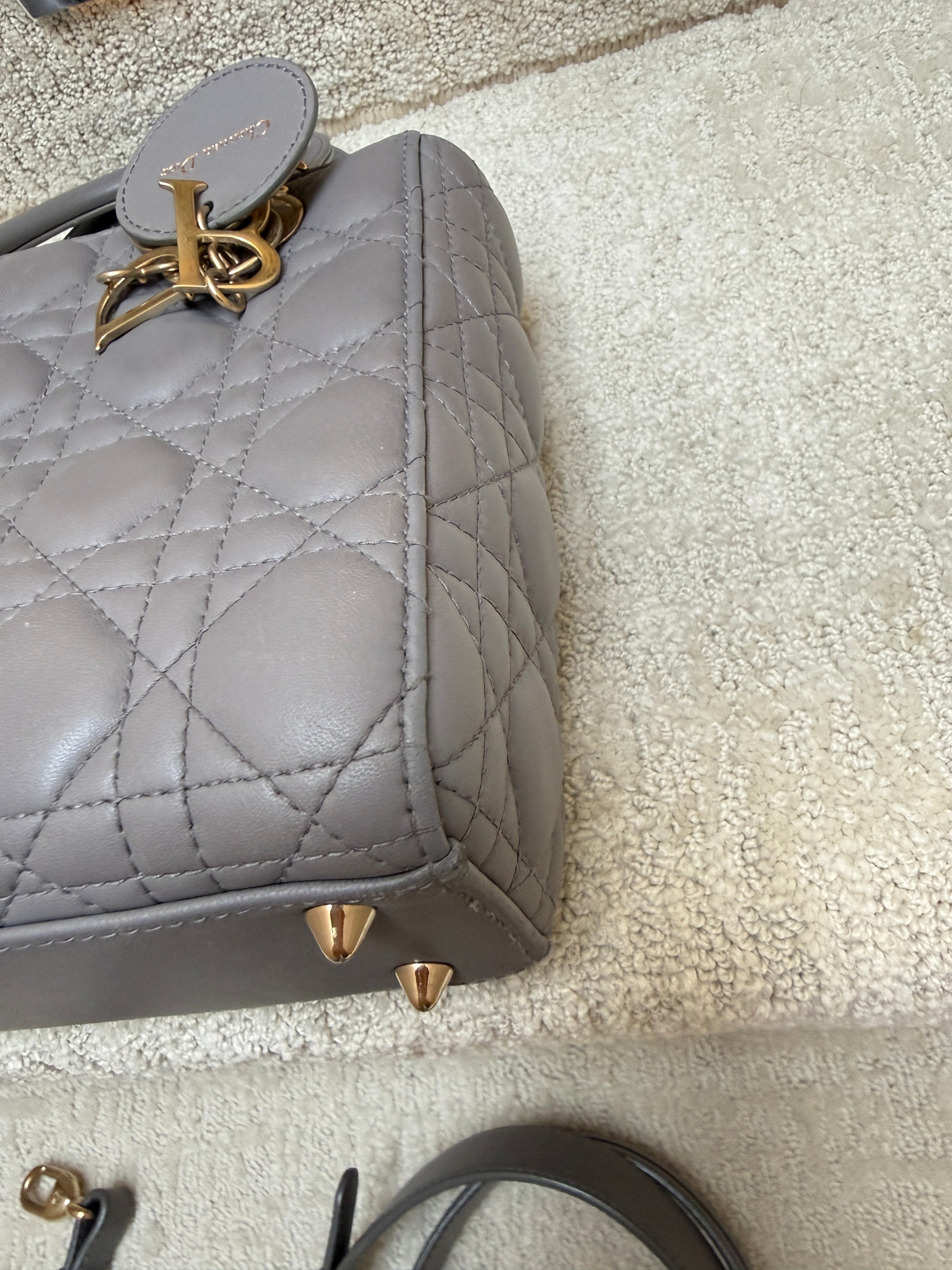 christian dior lady dior handbag close up of third corner excellent preloved condition
