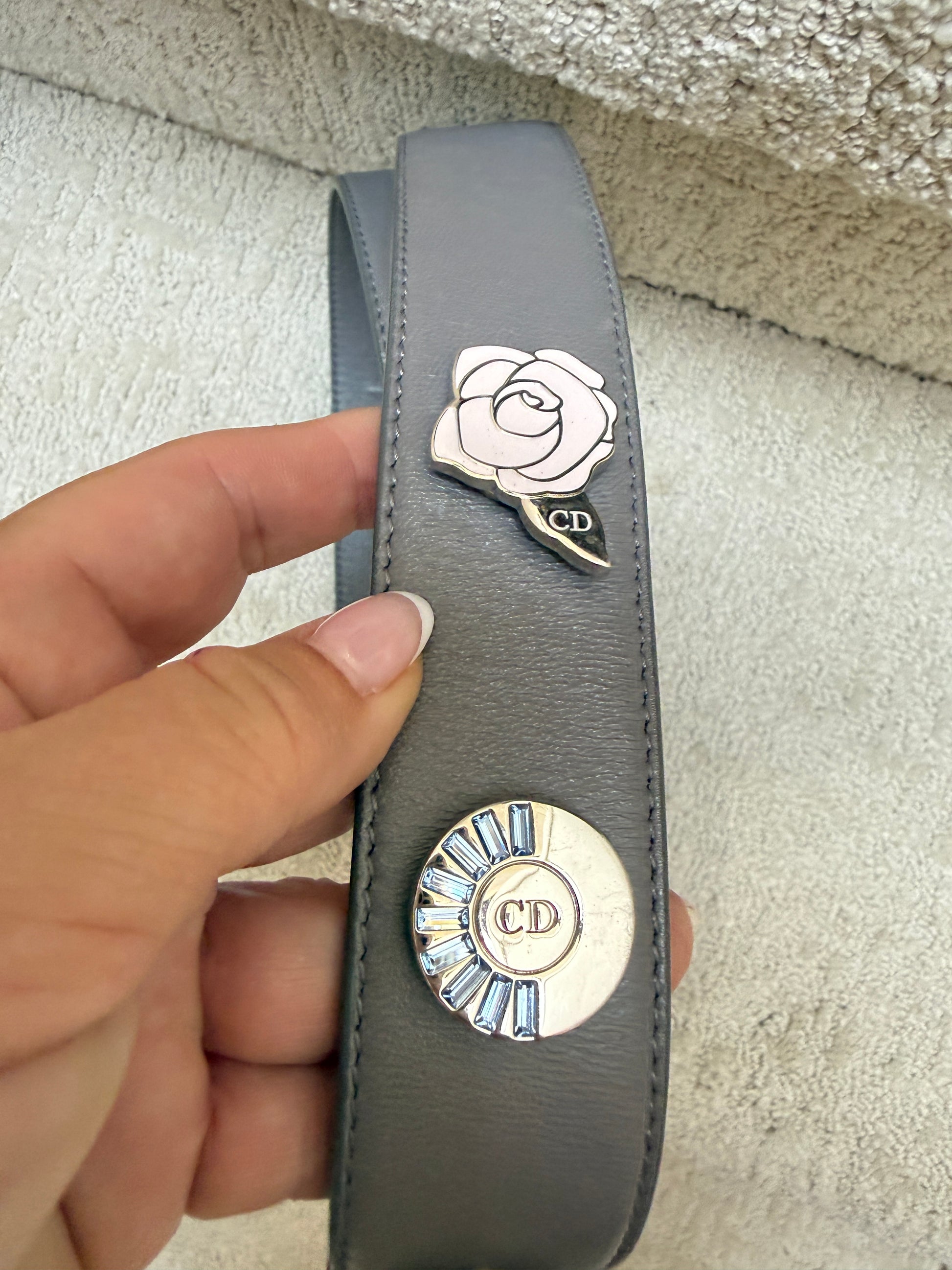 close up of two charms on shoulder strap of lady dior purse