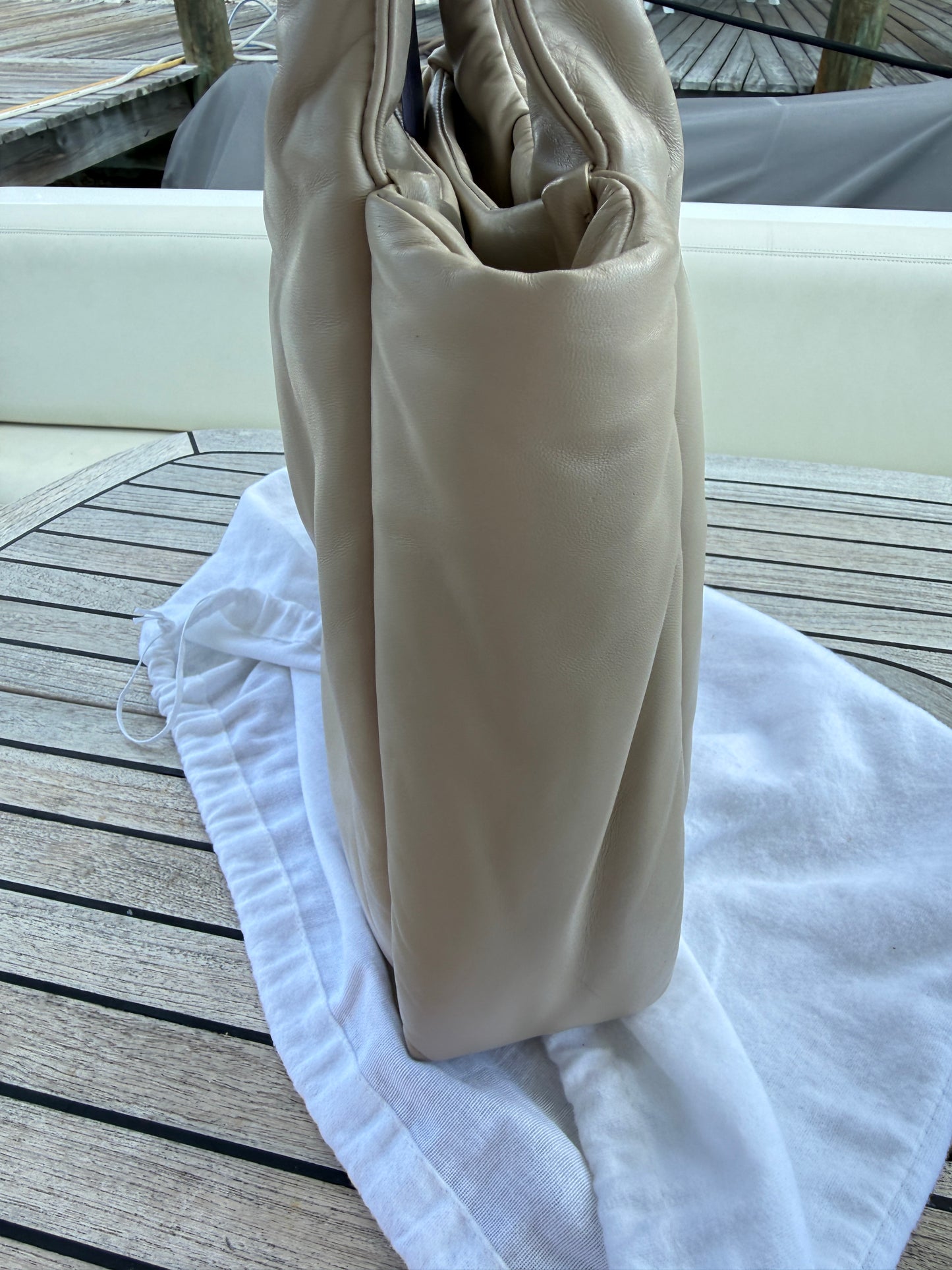 Prada Medium Padded Soft Nappa Leather Bag is Beige