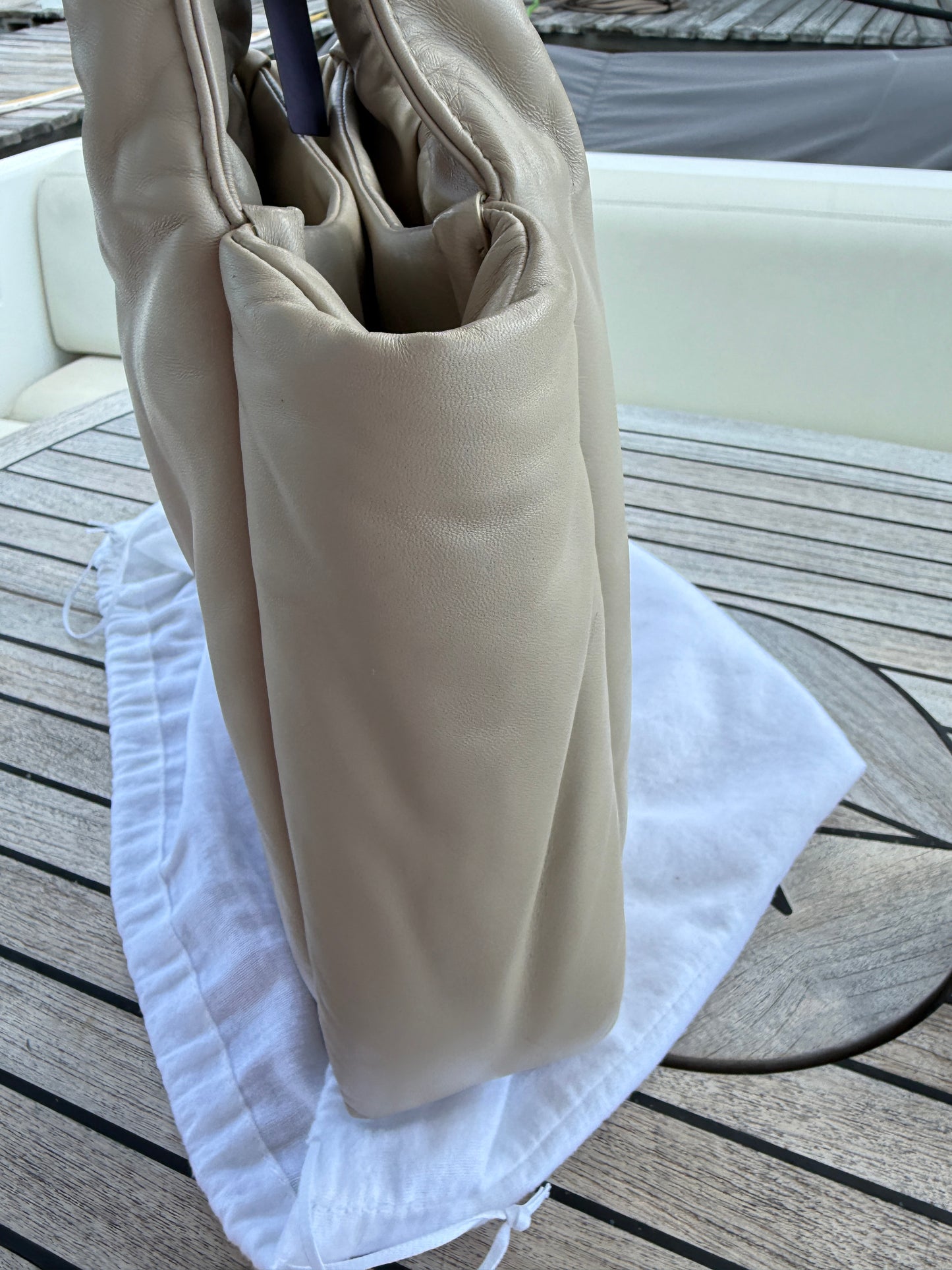 Prada Medium Padded Soft Nappa Leather Bag is Beige