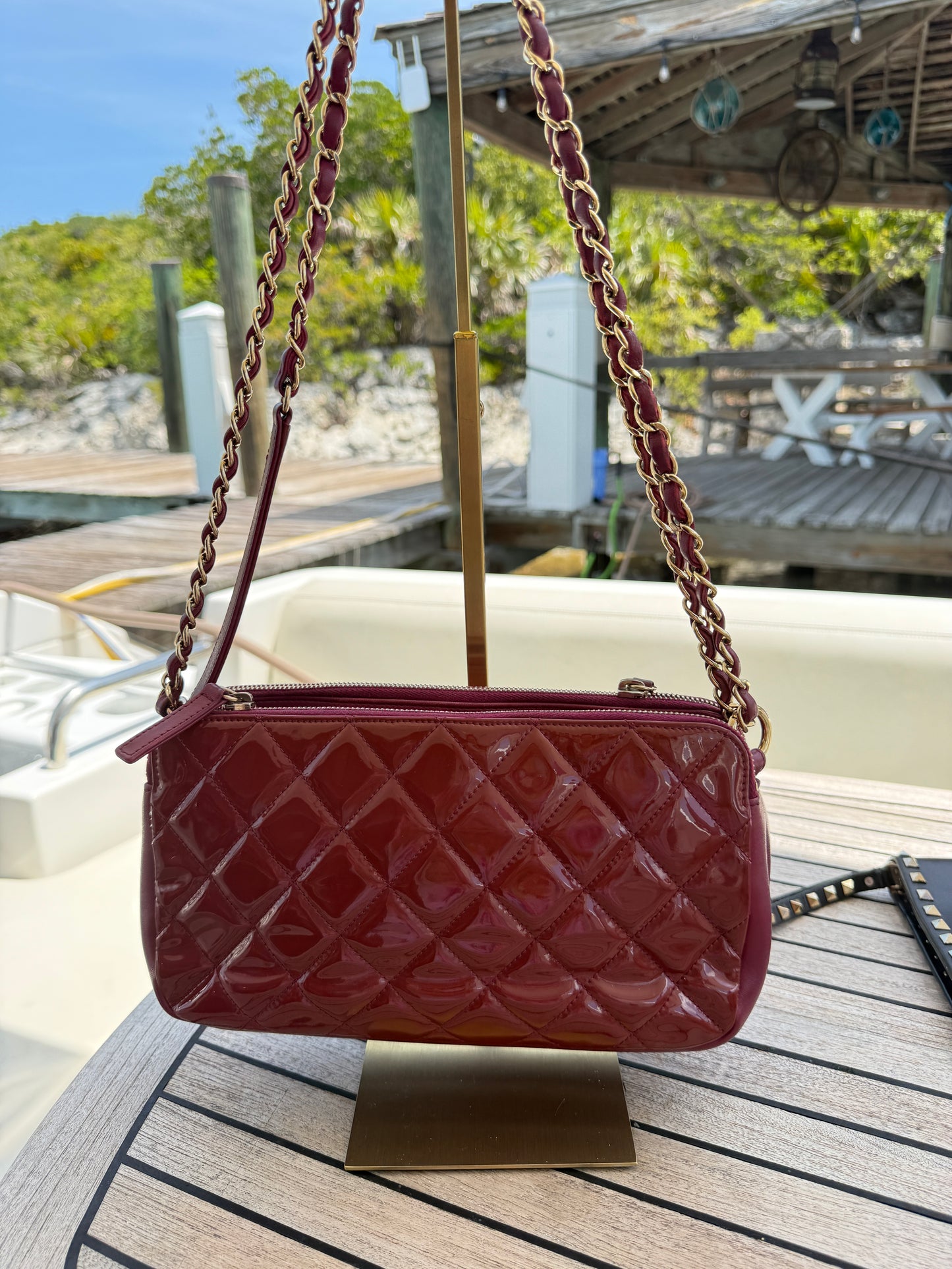 Chanel Quilted Patent Double Zip Camera Bag in Burgundy Pre-Owned