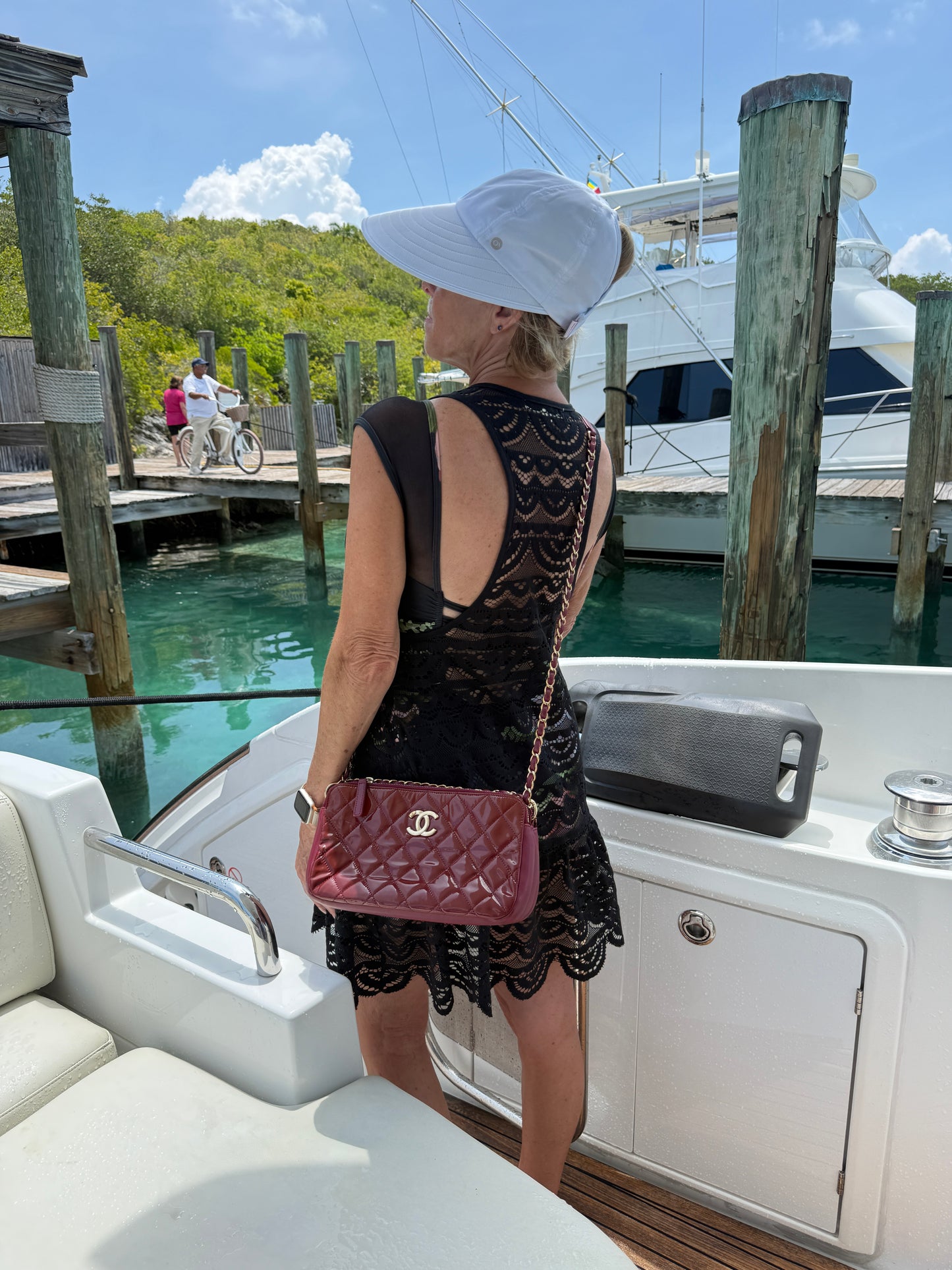 Chanel Quilted Patent Double Zip Camera Bag in Burgundy Pre-Owned