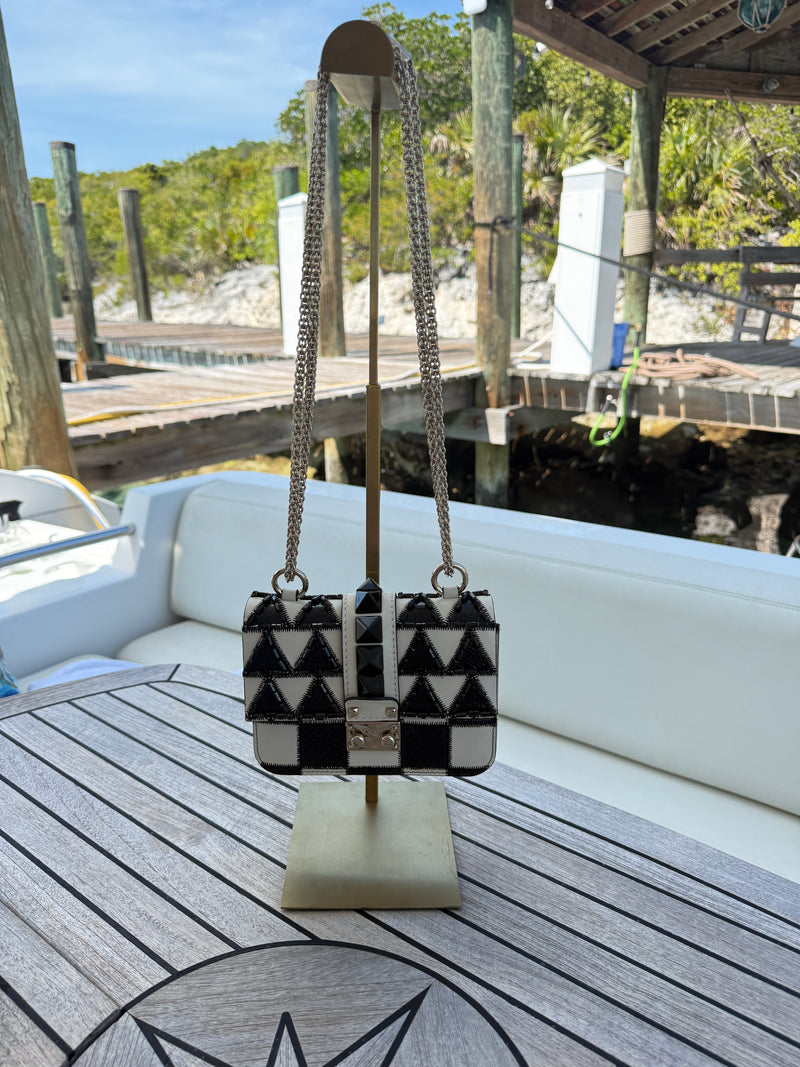 Valentino Monochrome Geometric Beaded Snakeskin/Leather Lock Shoulder Bag
