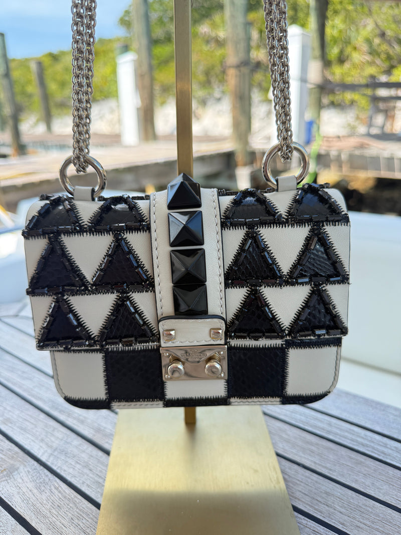 Valentino Monochrome Geometric Beaded Snakeskin/Leather Lock Shoulder Bag