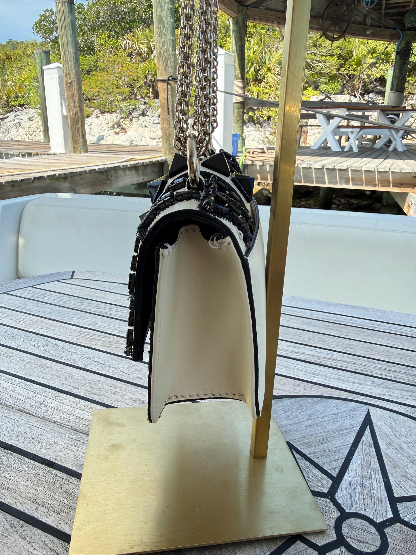 Valentino Monochrome Geometric Beaded Snakeskin/Leather Lock Shoulder Bag
