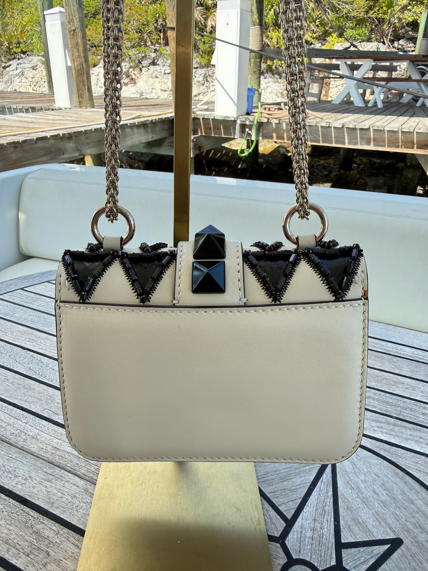 Valentino Monochrome Geometric Beaded Snakeskin/Leather Lock Shoulder Bag