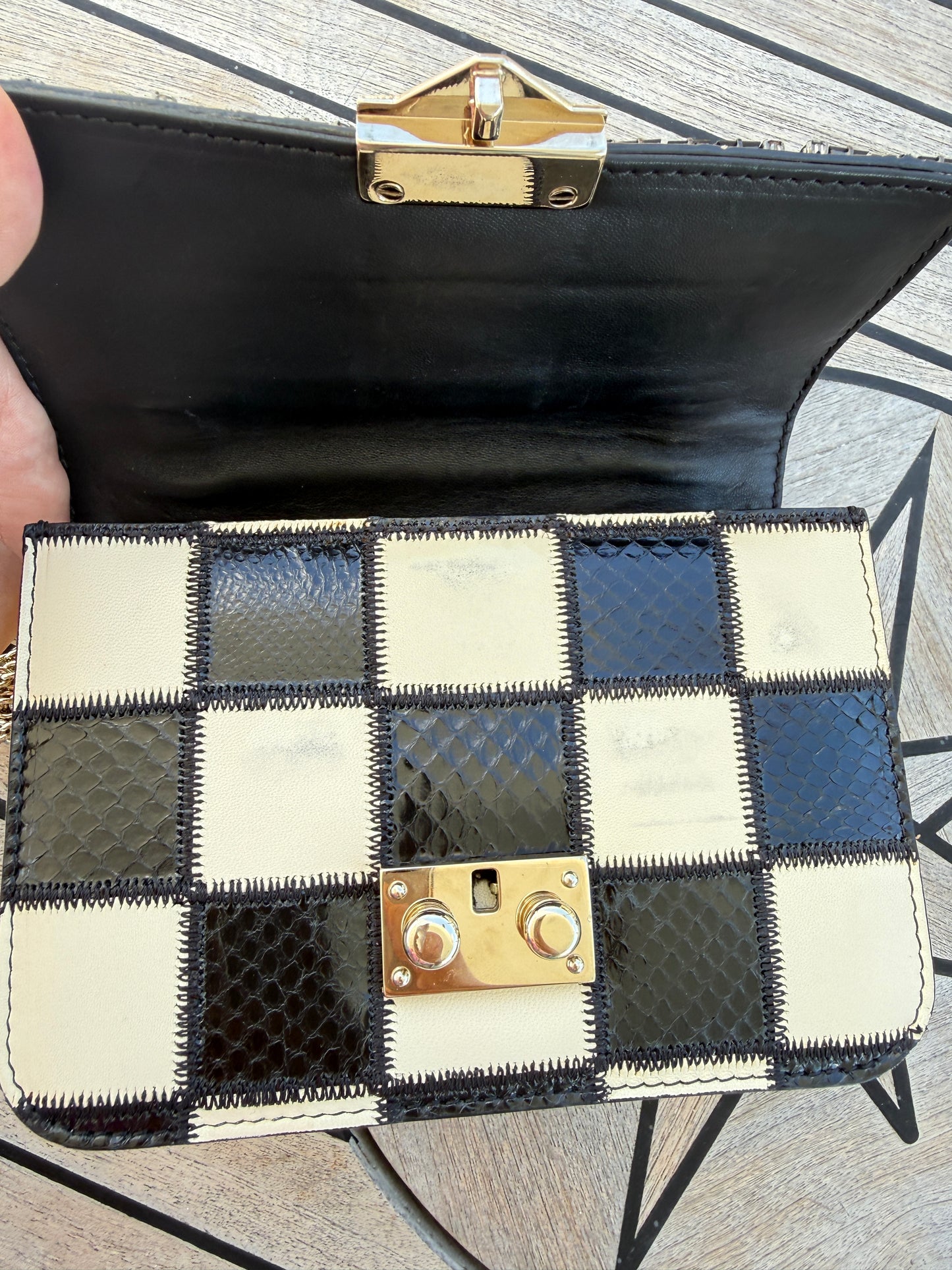 Valentino Monochrome Geometric Beaded Snakeskin/Leather Lock Shoulder Bag