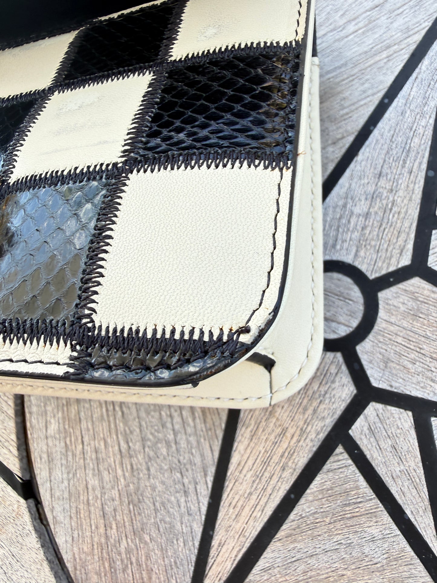 Valentino Monochrome Geometric Beaded Snakeskin/Leather Lock Shoulder Bag
