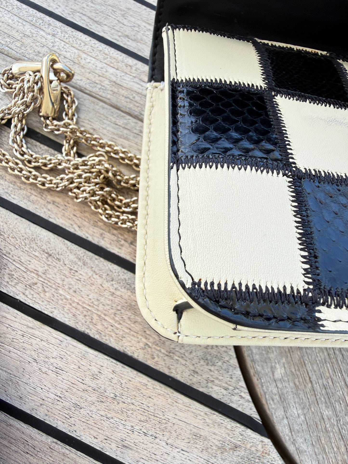 Valentino Monochrome Geometric Beaded Snakeskin/Leather Lock Shoulder Bag