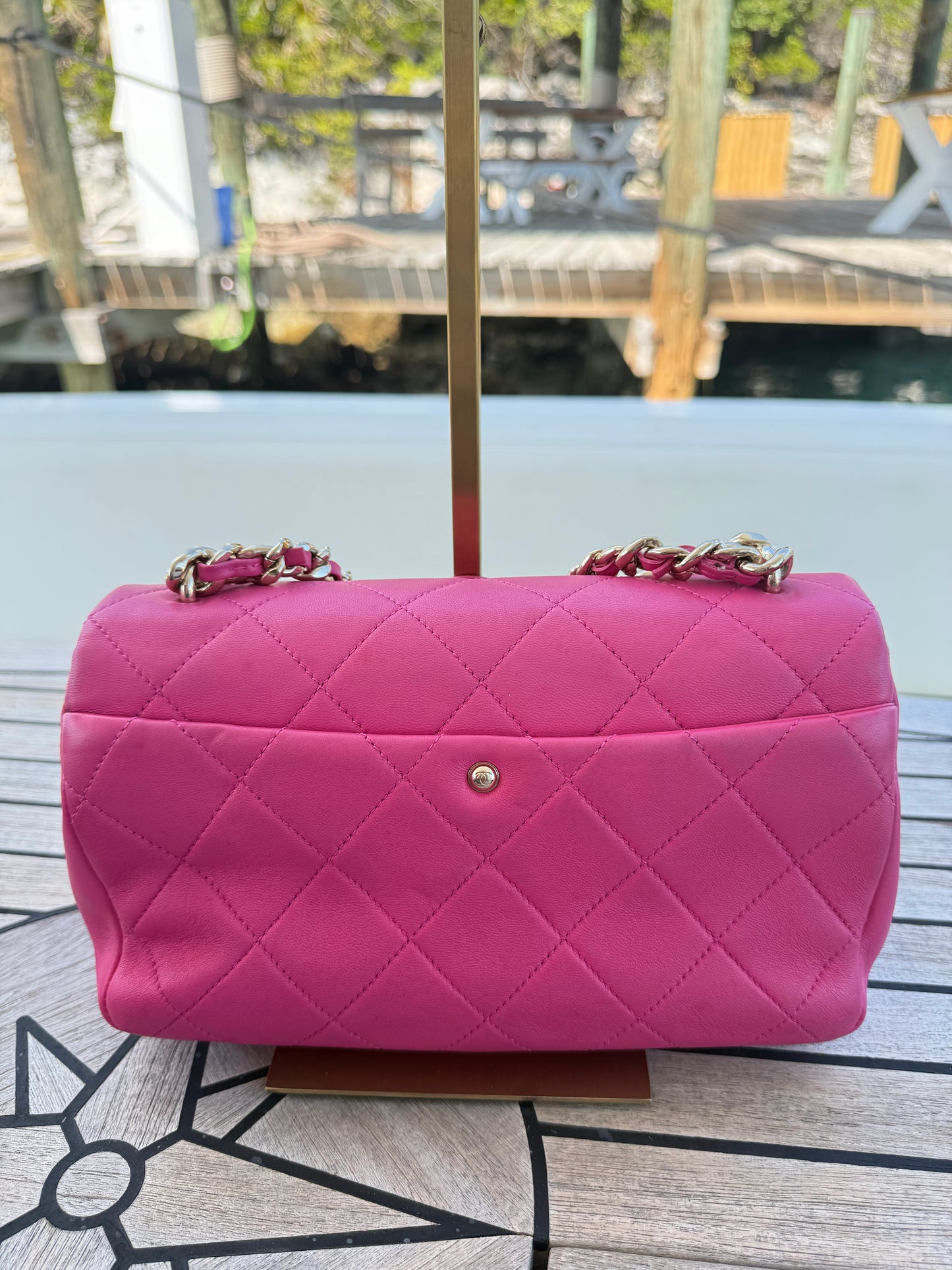 Chanel elegant chain flap in pink view of back side of handbag