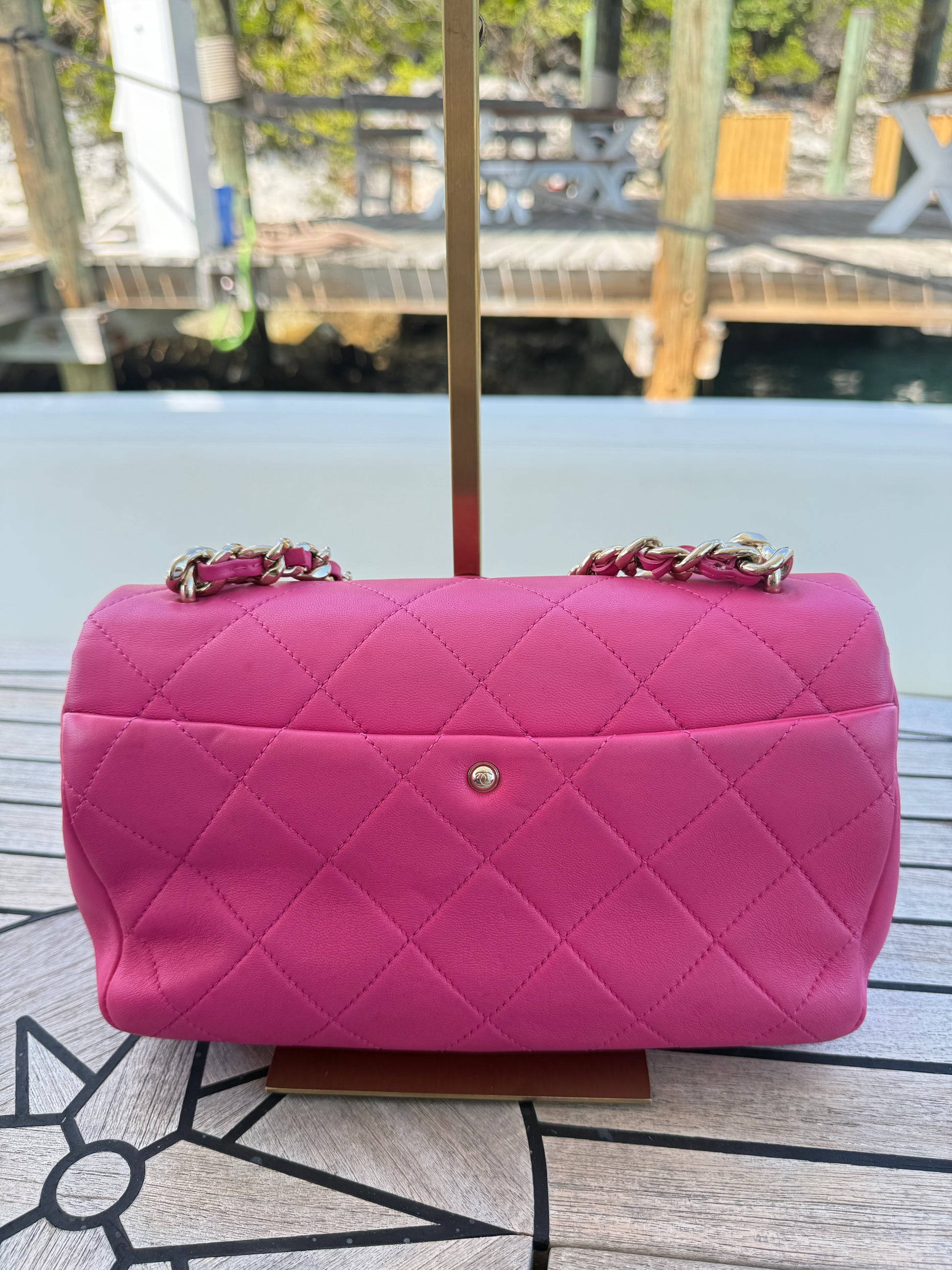 Chanel elegant chain flap in pink view of back side of handbag