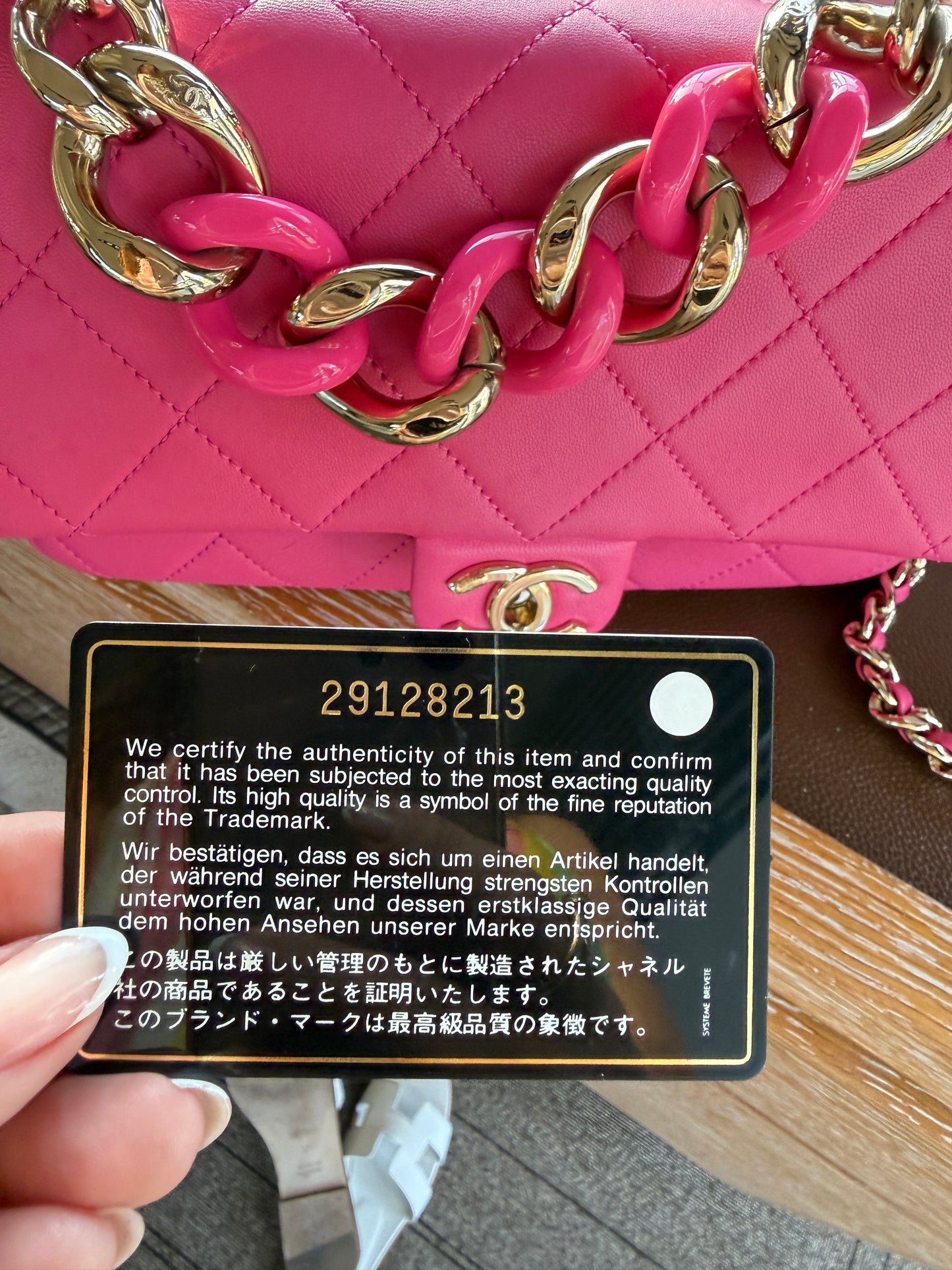 Chanel elegant chain fap showing black card and 29 series preowned and for sale