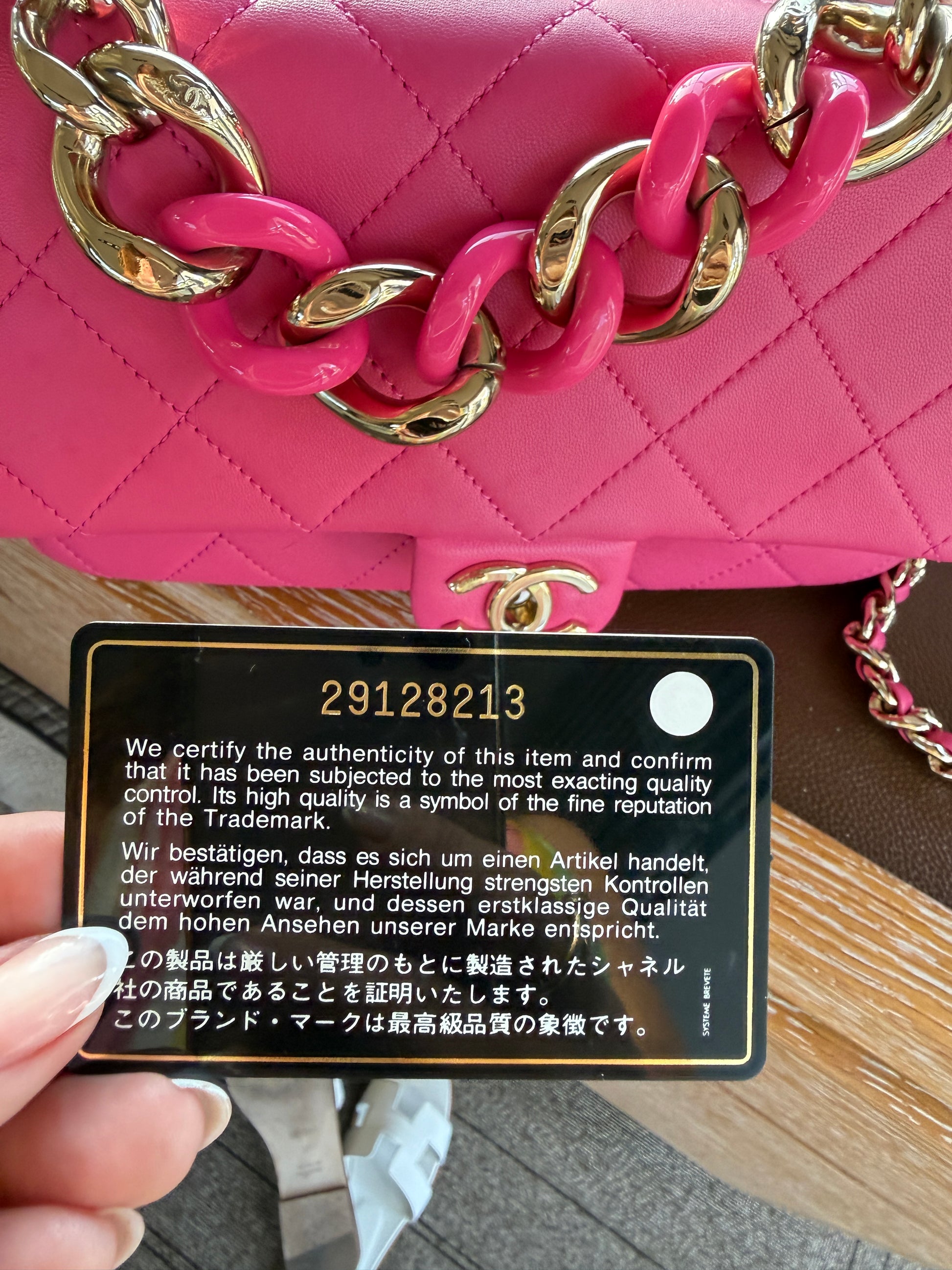 Chanel elegant chain fap showing black card and 29 series preowned and for sale