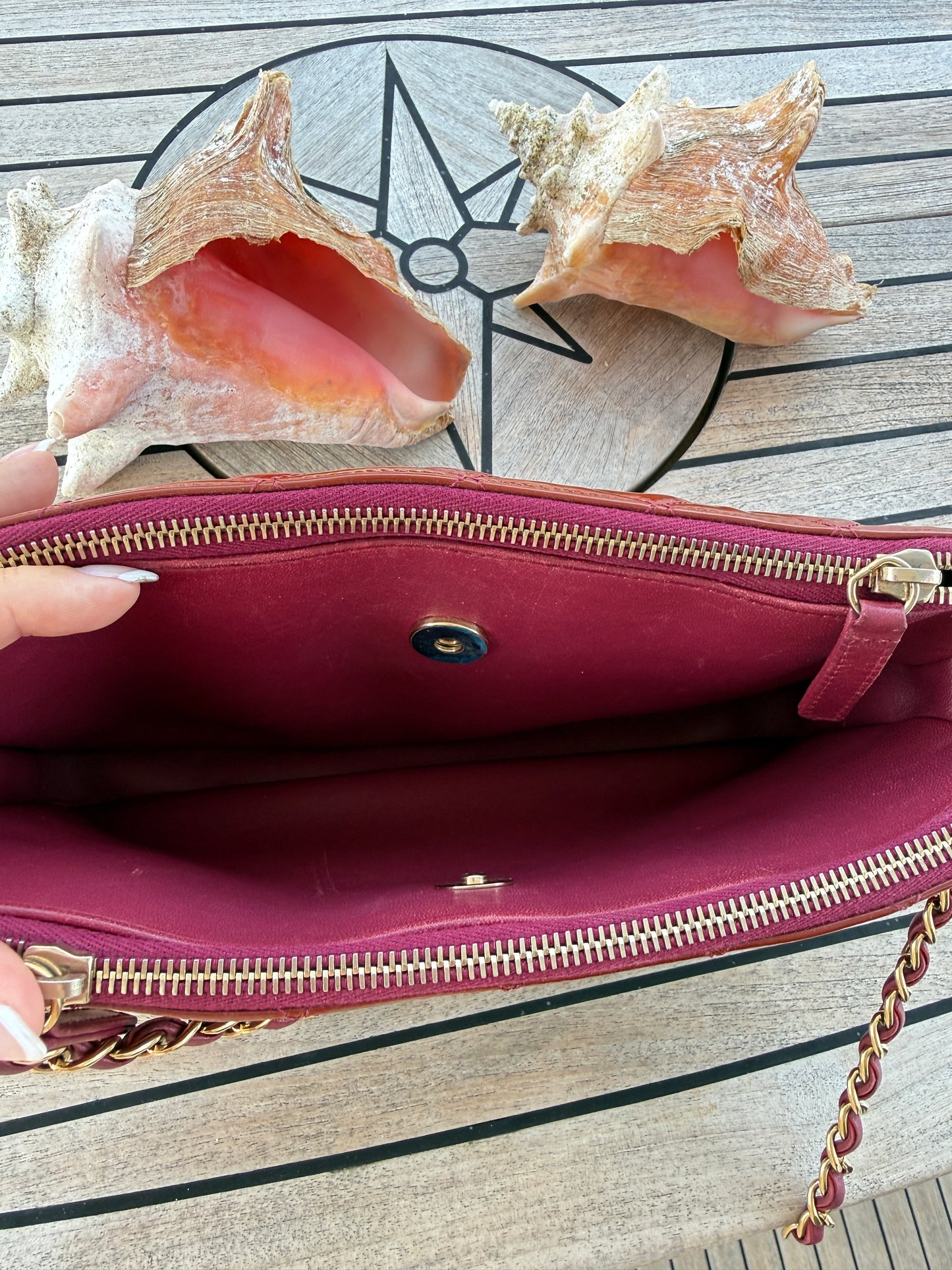 Chanel Quilted Patent Double Zip Camera Bag in Burgundy Pre-Owned