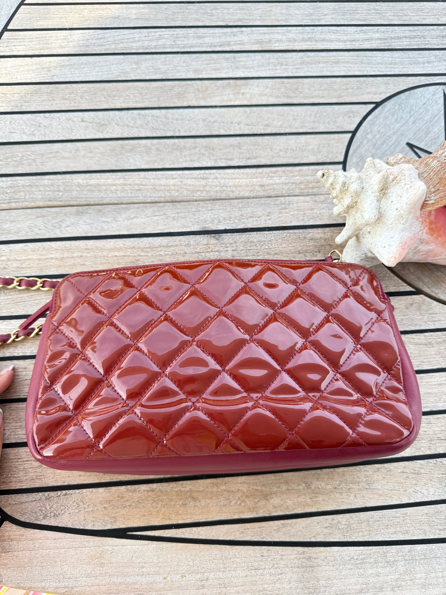 Chanel Quilted Patent Double Zip Camera Bag in Burgundy Pre-Owned