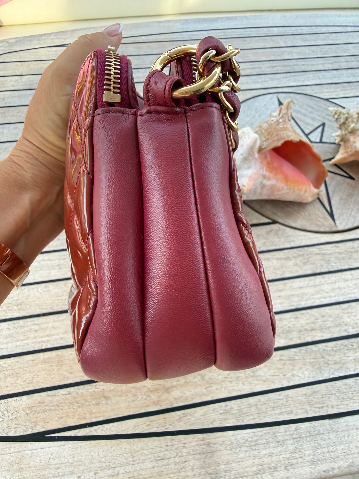 Chanel Quilted Patent Double Zip Camera Bag in Burgundy Pre-Owned