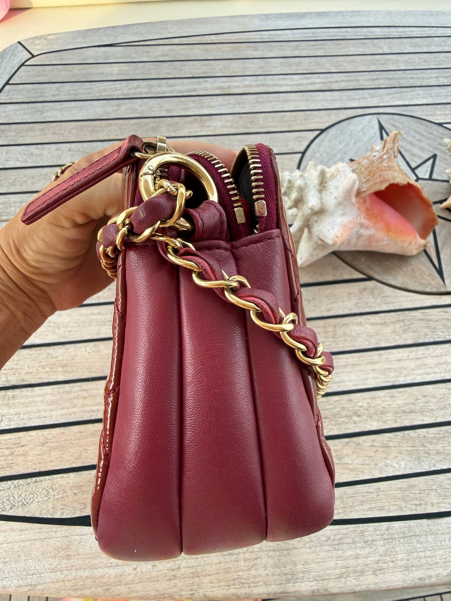 Chanel Quilted Patent Double Zip Camera Bag in Burgundy Pre-Owned