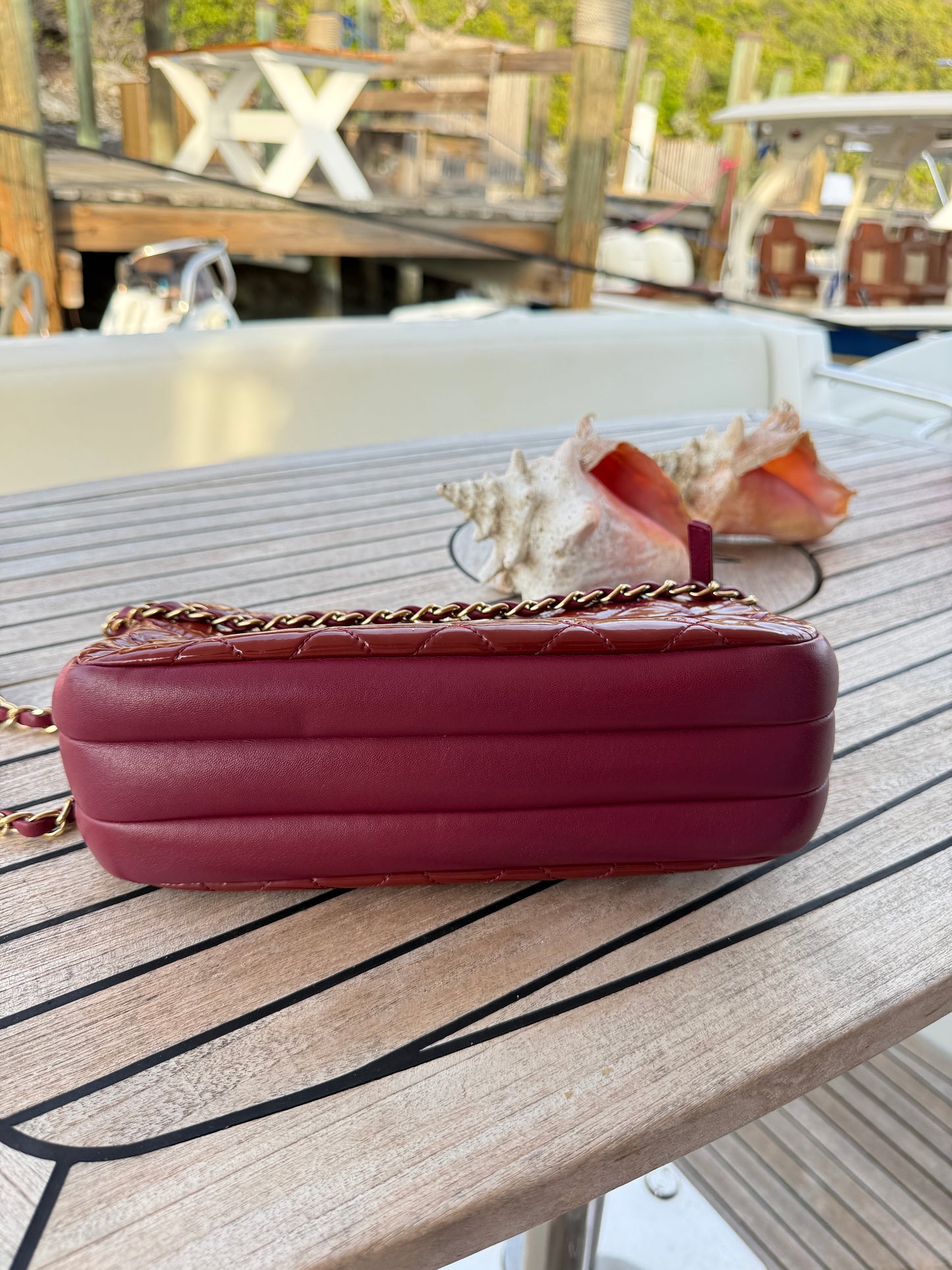 Chanel Quilted Patent Double Zip Camera Bag in Burgundy Pre-Owned