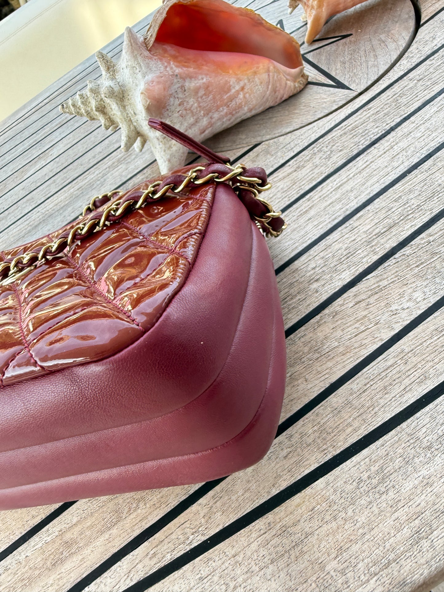 Chanel Quilted Patent Double Zip Camera Bag in Burgundy Pre-Owned
