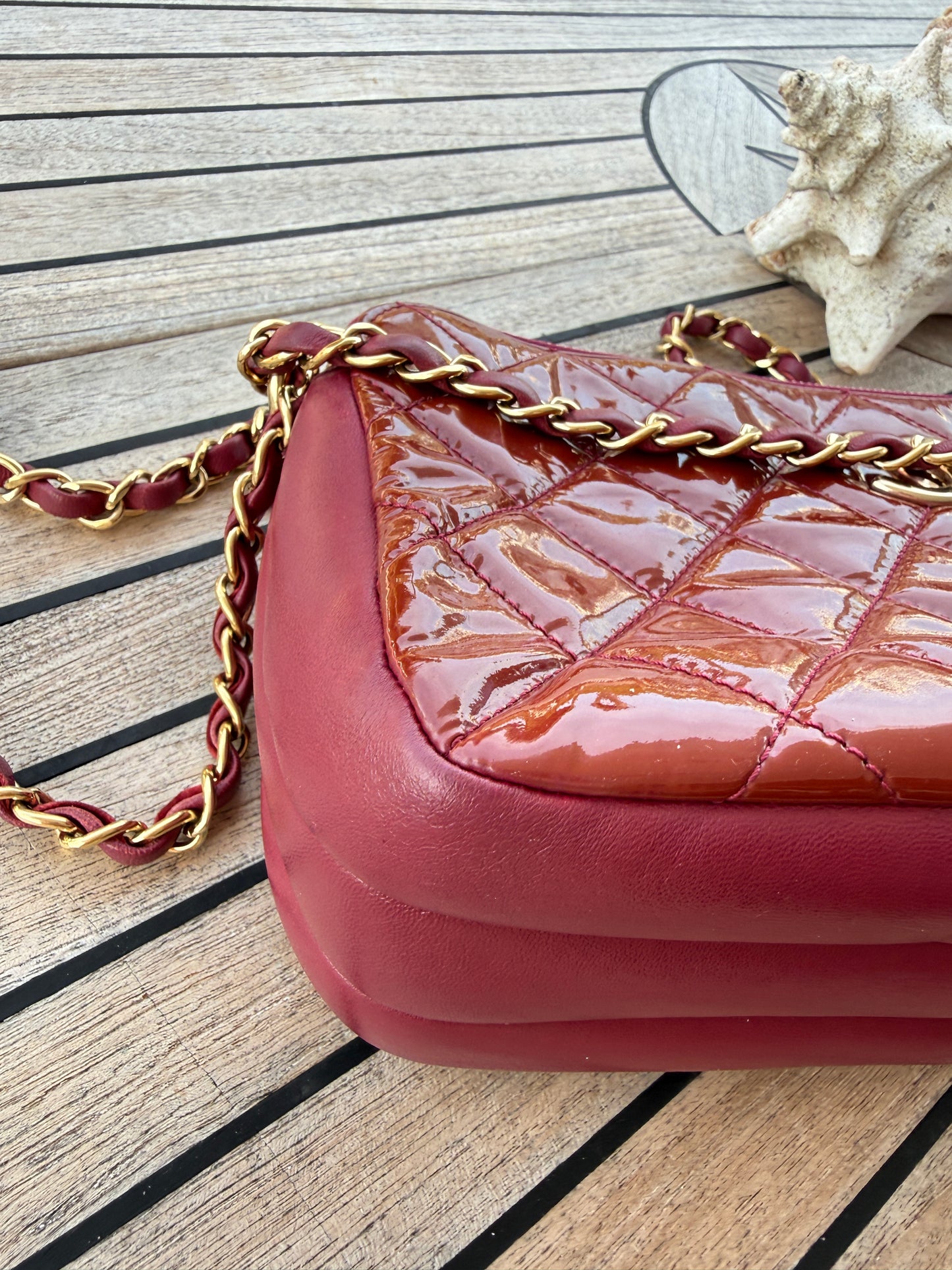 Chanel Quilted Patent Double Zip Camera Bag in Burgundy Pre-Owned