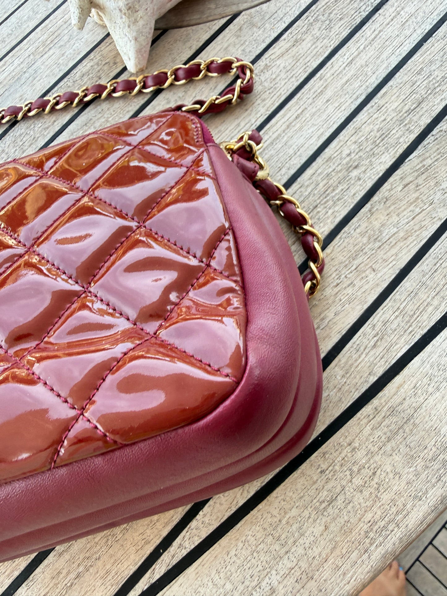 Chanel Quilted Patent Double Zip Camera Bag in Burgundy Pre-Owned