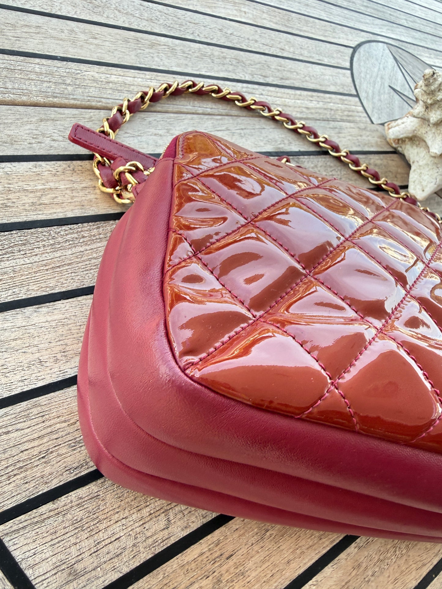 Chanel Quilted Patent Double Zip Camera Bag in Burgundy Pre-Owned