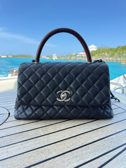 Chanel Caviar Lizard Quilted Medium Coco Handle Flap Navy & Burgundy Pre-Owned