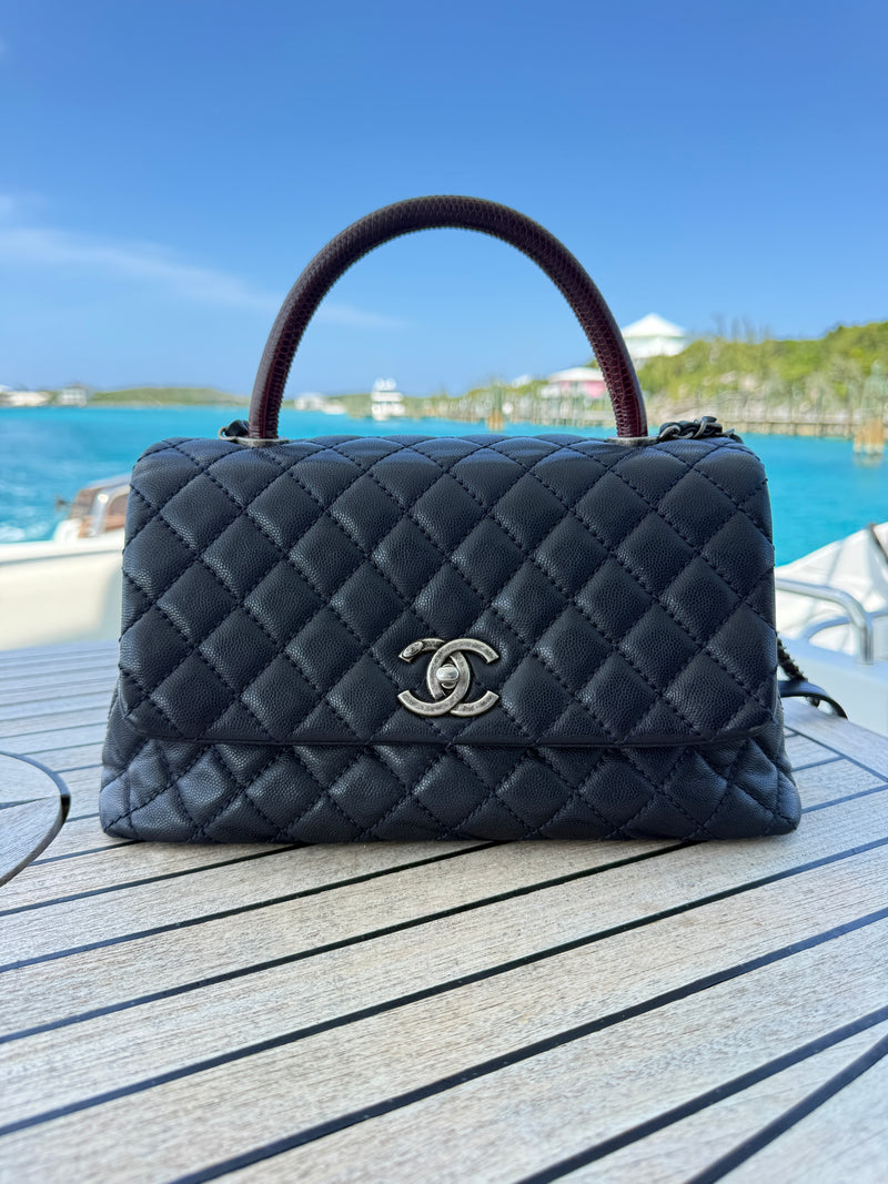 Chanel Caviar Lizard Quilted Medium Coco Handle Flap Navy & Burgundy Pre-Owned