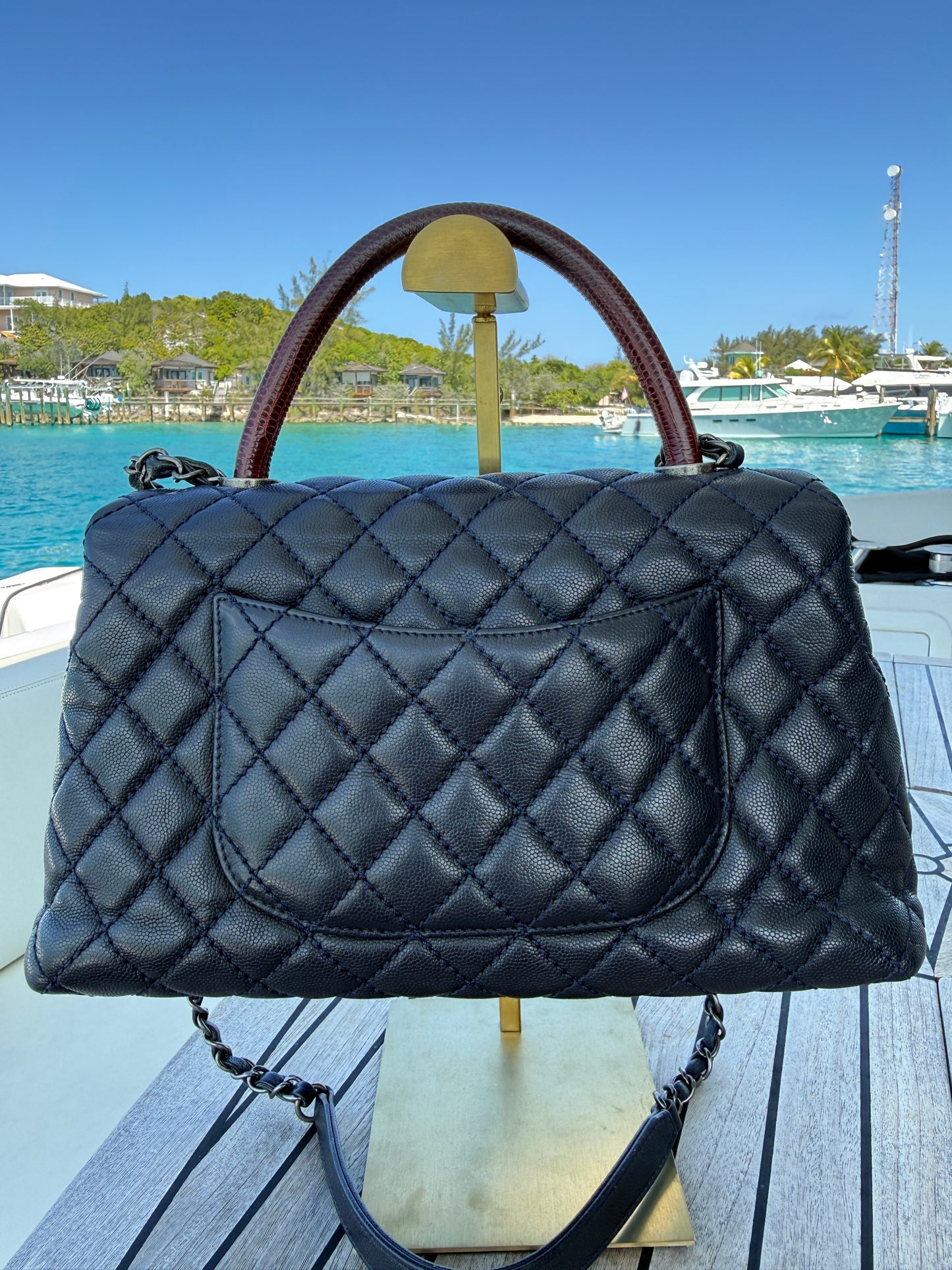Chanel Caviar Lizard Quilted Medium Coco Handle Flap Navy & Burgundy Pre-Owned