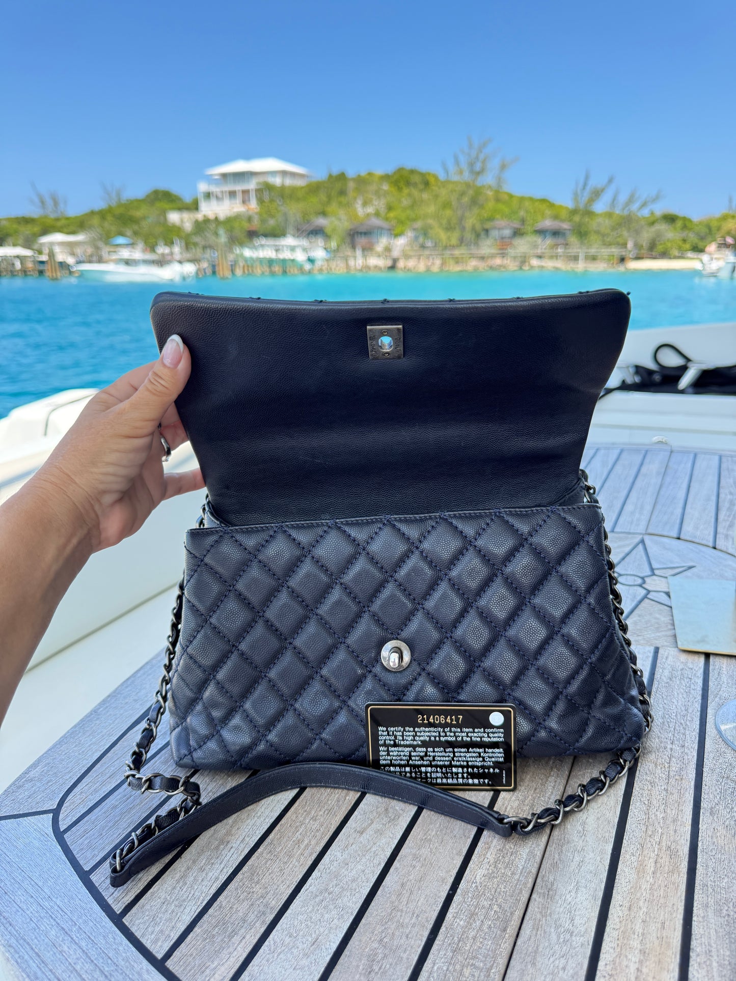Chanel Caviar Lizard Quilted Medium Coco Handle Flap Navy & Burgundy Pre-Owned